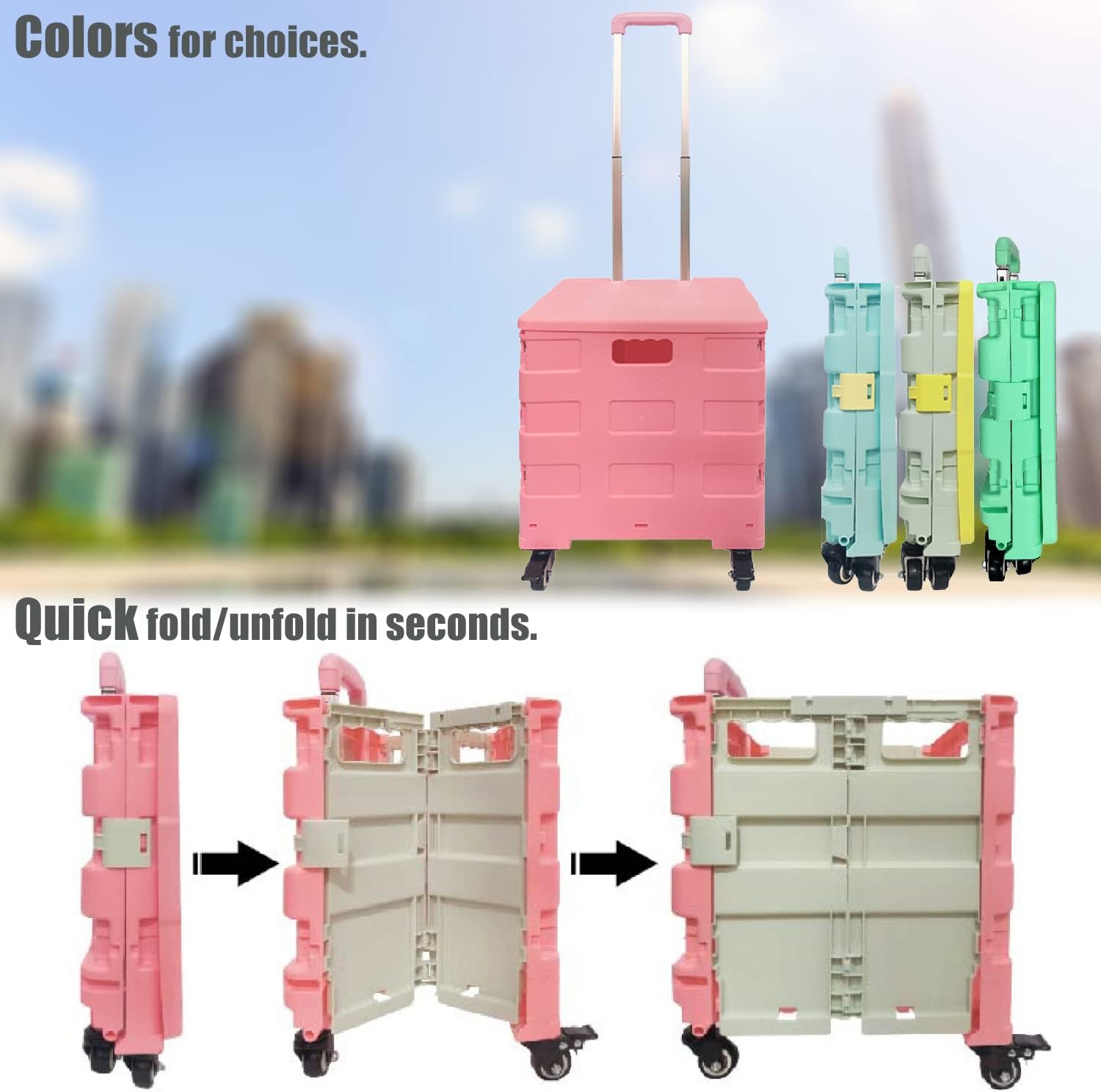 LEKEA Stair-Climber Foldable Utility Rolling Cart Crate on Wheels Collapsible Teacher Hand Cart with Wheels and Handle for Office, School and Home Use Pink