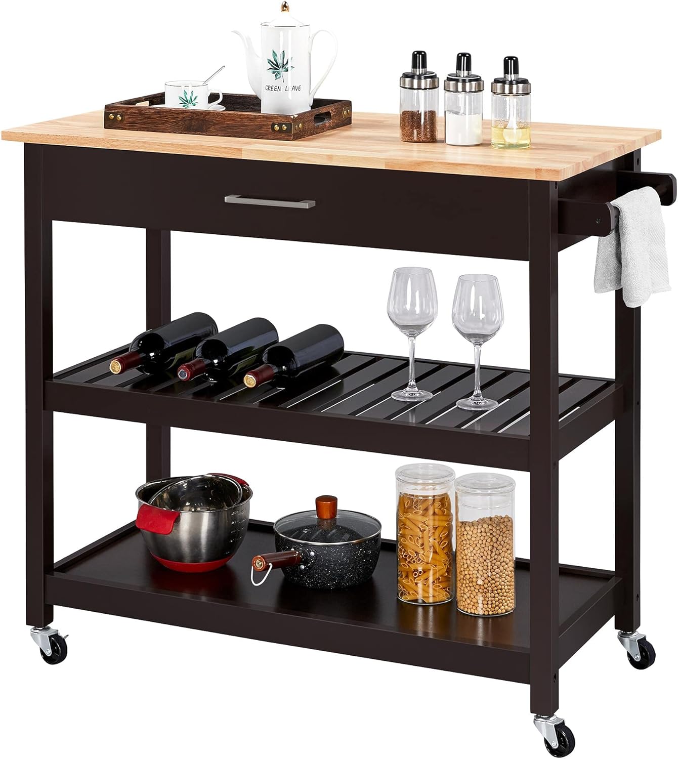 Yaheetech Kitchen Island Cart with Wheels, 3 Tier Rolling Utility Cart with 1 Drawer and 2 Spacious Storage Shelf 40'' L Solid Wood Countertop, White