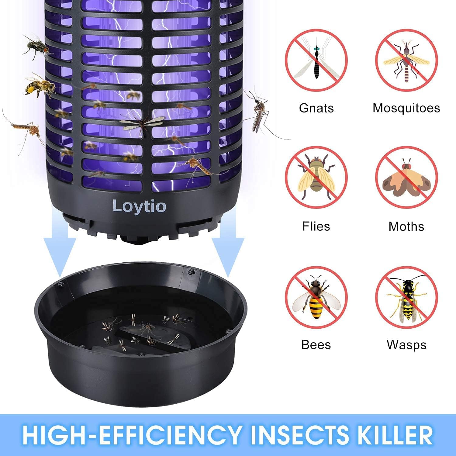 Loytio Bug Zapper, 4200V High Powered Electric Mosquito Killer, Fly Insect Trap Indoor and Outdoor, Mosquito Trap with 15W Mosquito Lamp Bulb for Home Backyard, Patio, Bedroom, Kitchen, Office, Black
