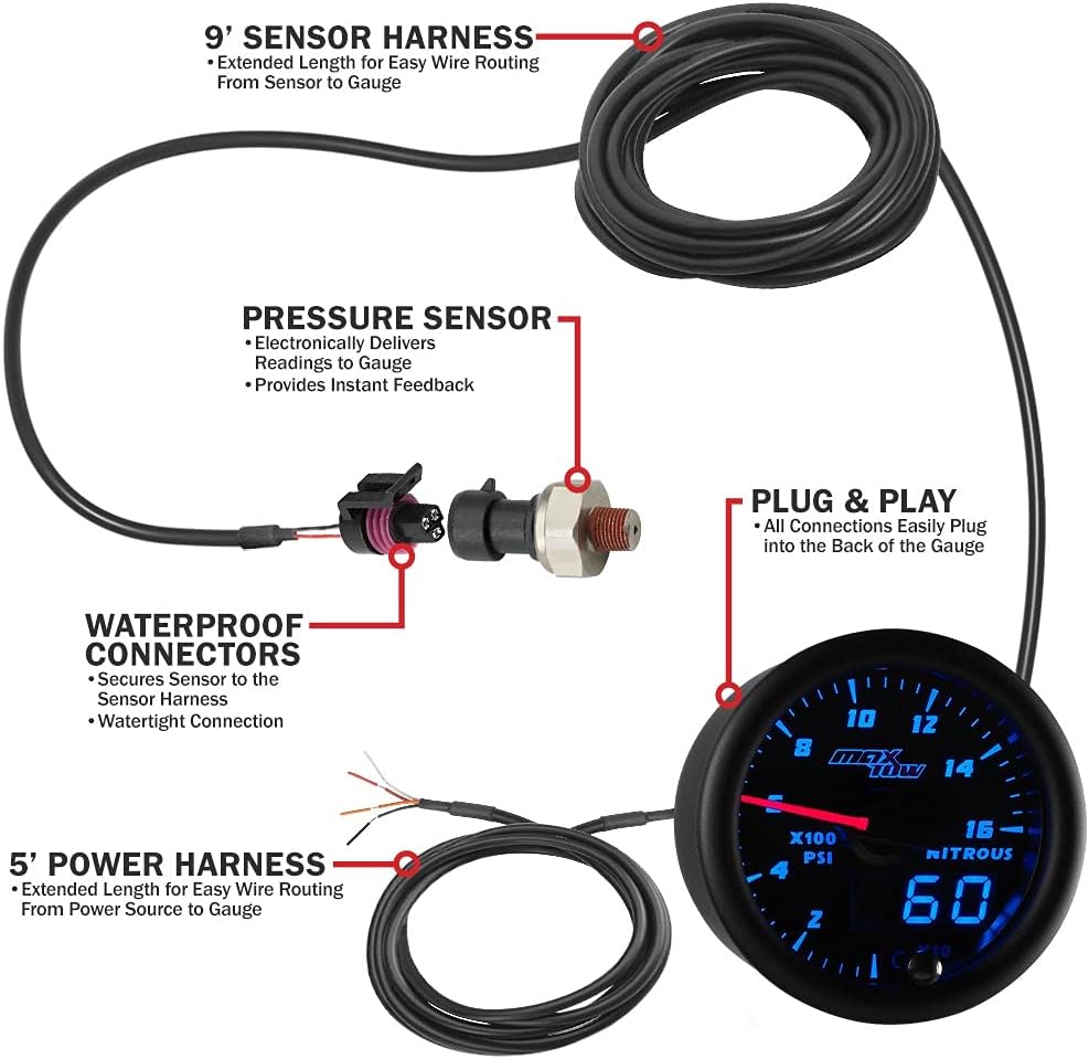 MaxTow Double Vision 1,600 PSI Nitrous Pressure NOS Gauge Kit - Includes Electronic Sensor - Black Gauge Face - Blue LED Illuminated Dial - Analog & Digital Readouts - 2-1/16