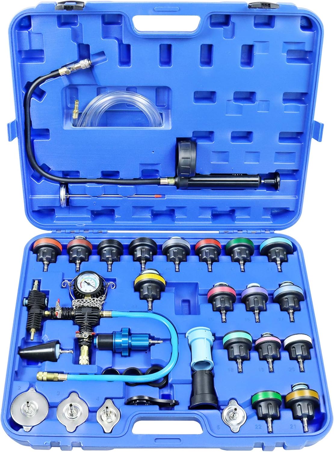 YSTOOL Radiator Pressure Tester Coolant Vacuum Refill Kit 33PCS Automotive Cooling System Leak Test Pneumatic Water Tank Purge Fill Tool Set with Gauge Adapter Cap Universal for Auto Car Airlift