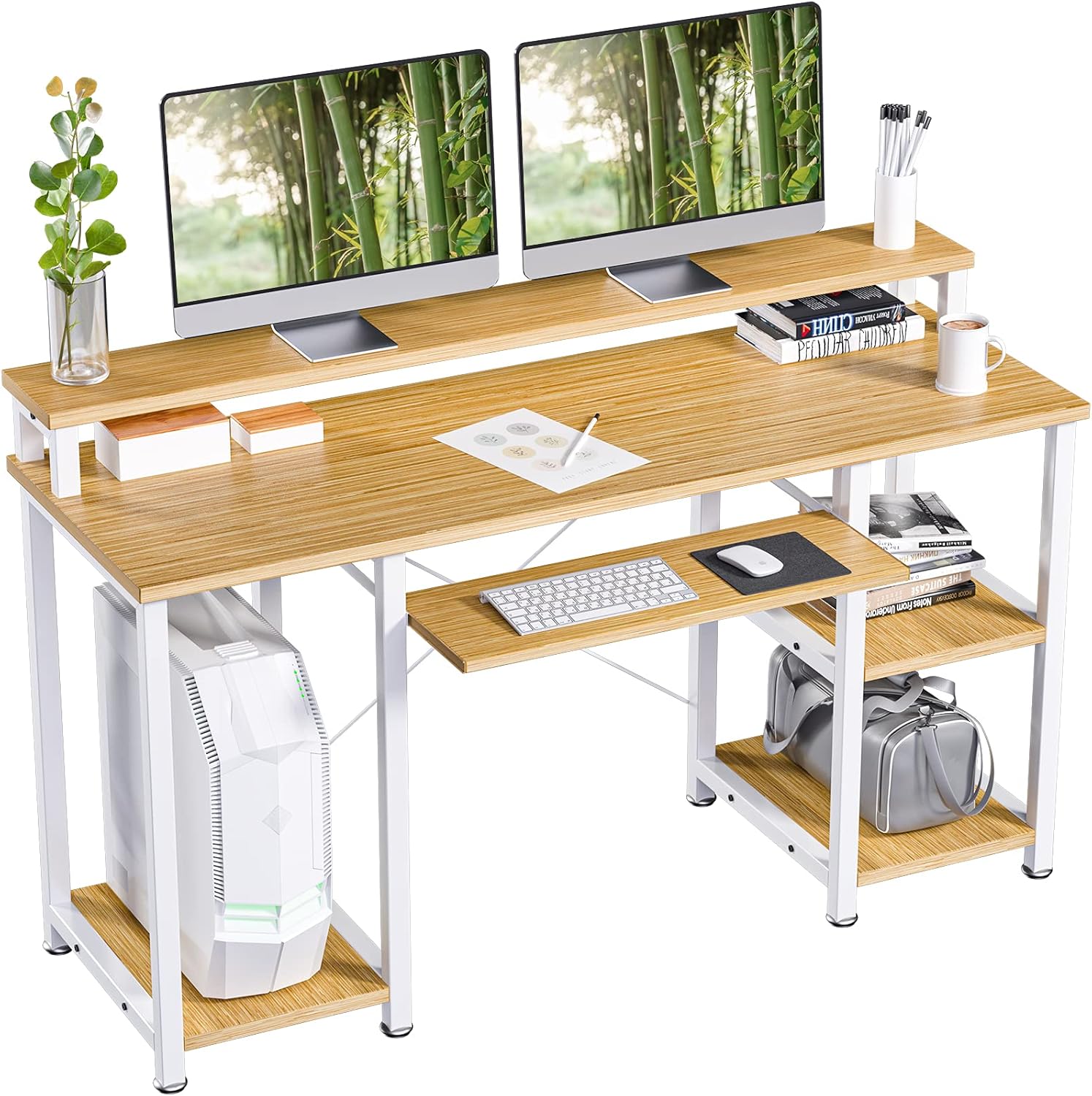 NOBLEWELL Computer Desk with Monitor Stand Storage Shelves Keyboard Tray，47