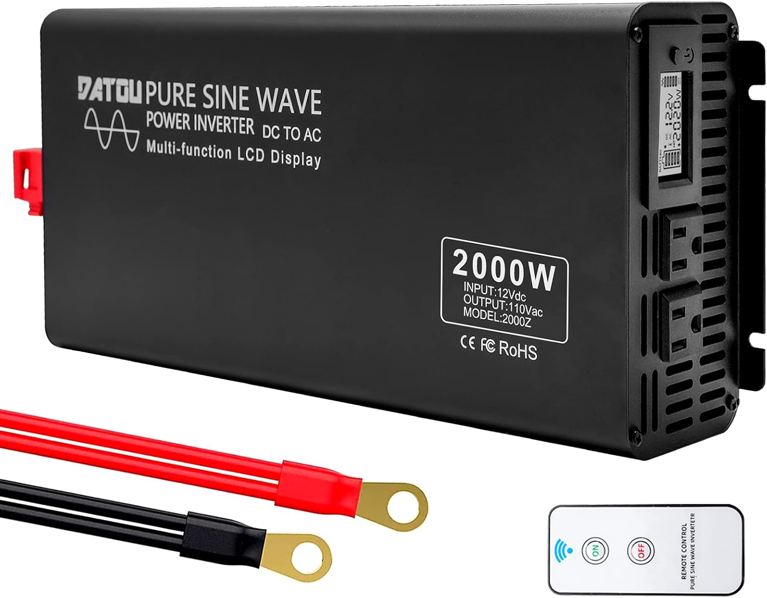 DATOUBOSS Pure Sine Wave Inverter 2000W Power Inverter 4000W Peak DC 12V to 110V AC Car Converter Dual AC Outlets Truck/RV Inverter with Remote Control & LCD Display(2000W 12 -110V)
