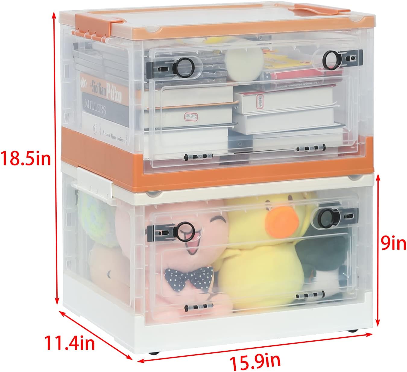 X-Cosrack 2 Pack Clear Plastic Storage Bins with Lid, Stackable Organization Cube Box with Wheel and Doors for Cloth Toys Books Bottles White Oragne