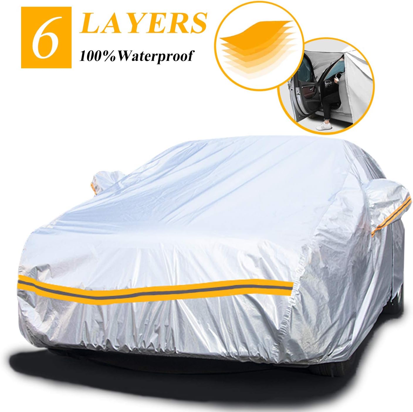 Autsop Car Cover Waterproof All Weather,6 Layers Car Cover UV Wind Hail Snow Protection Full car Cover with Zipper Cotton, Universal A3-3XXL(Fits Sedan 194