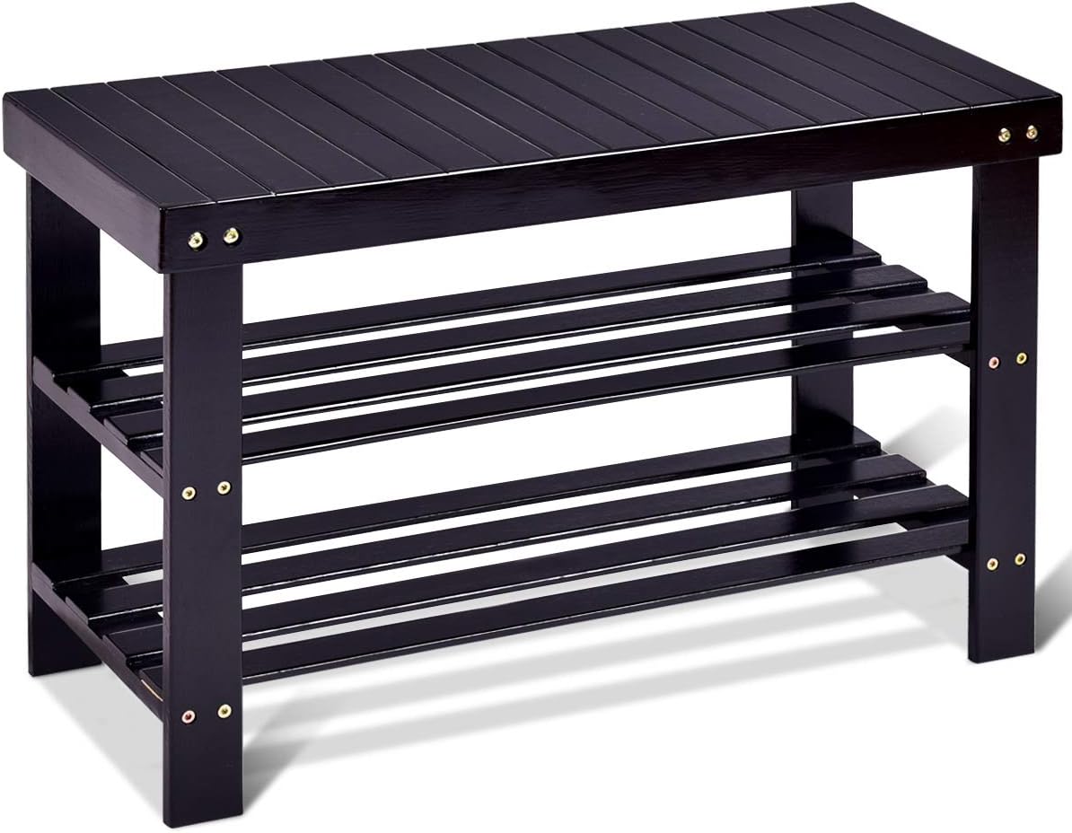 GOFLAME Shoe Bench Rack, 2-tier Bamboo Seat Storage Shelf, Free Standing Shoe Storage Bench with Stylish and Modern Design, Shoe Organizer for D&eacute;cor Entryway, Hallway, Living Room, Bathroom (Black)