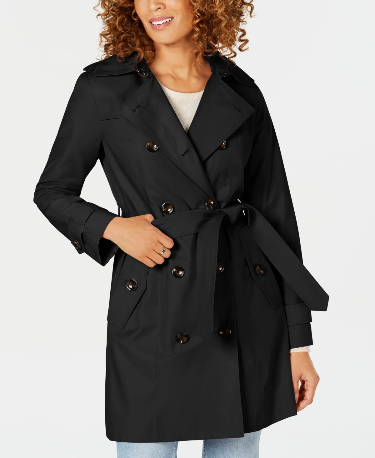 London Fog Petite Double-Breasted Hooded Water-Repellent Trench Coat - Black