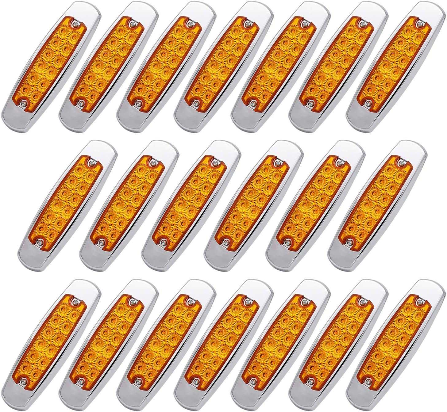 MADCATZ Pack of 20 6.4 Inch Slim Amber 12 LED Sealed Clearance Lamps Trailer Side Marker Indicator Lights Surface Mount with Chrome Bezel for Truck Lorry RV ATV Bus Caravan SUV 12V DC Shockproof BB12
