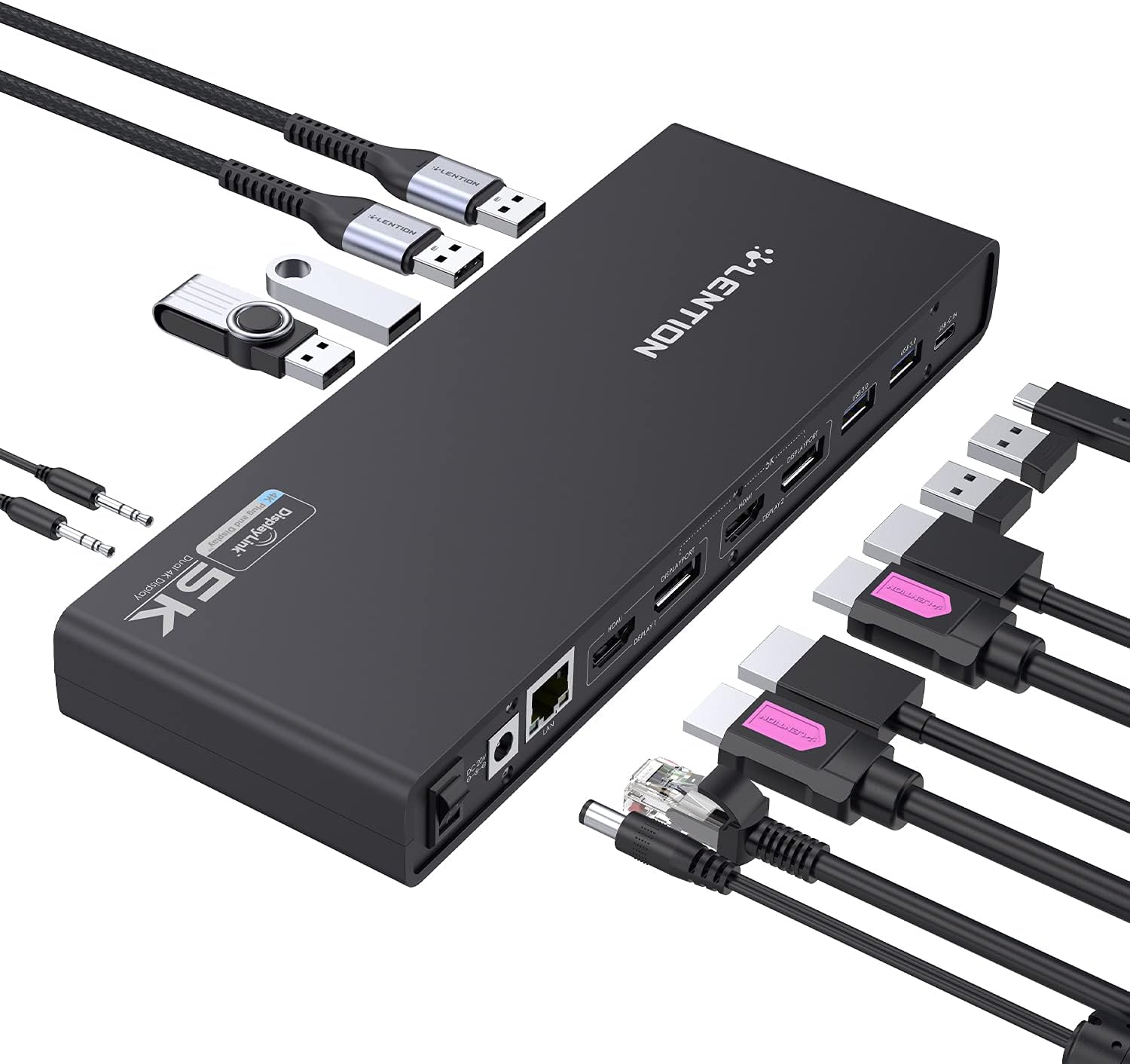 LENTION 5K USB C & USB A Docking Station with Dual HDMI & DisplayPort 4K 60Hz Displays, Gigabit Ethernet, Audio&Mic Adapter, 6 USB 3.0 for MacBook Pro/Air, Mac Air/Surface Laptop, More (CB-D92, Black)