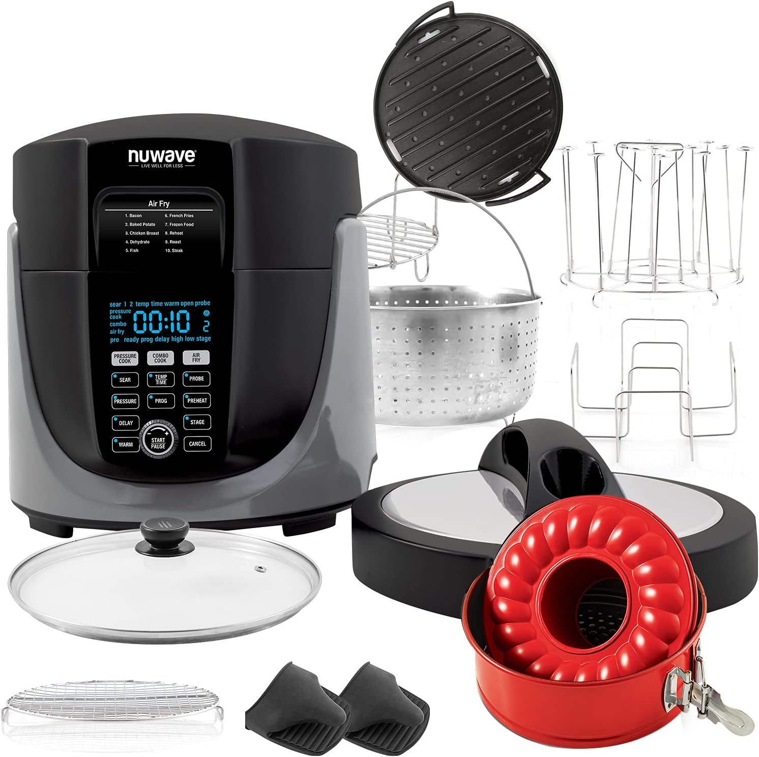 NUWAVE Duet Pressure Cooker, Air Fryer & Grill Combo Cooker Deluxe with Removable Pressure and Air Fry Lids, 6qt Stainless Steel Pot, 4qt Stainless Steel Air Fryer Basket, Built-In Sure-Lock Safety Technology & Deluxe Cooking Package Included