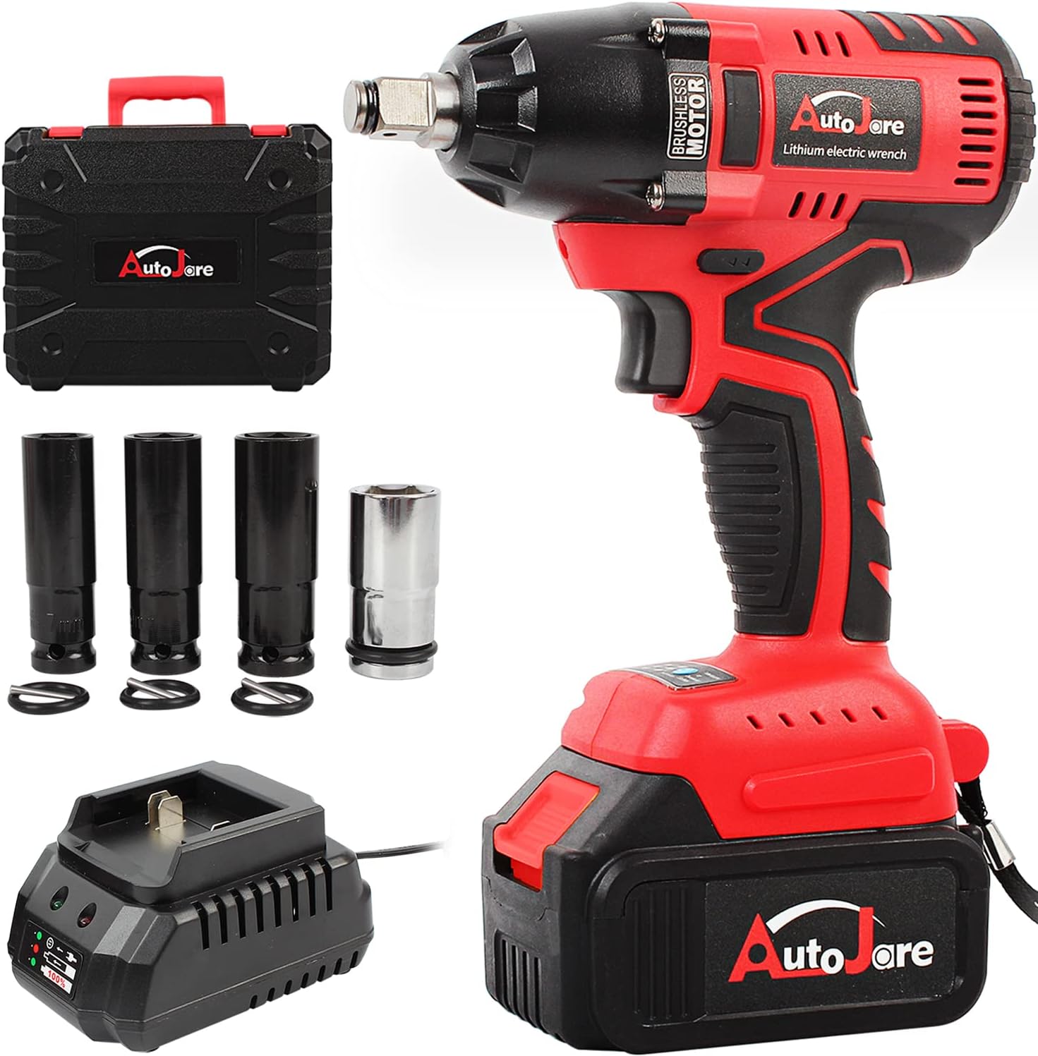 AUTOJARE Cordless Impact Wrench with 1/2&rdquo; Chuck Max Torque 405 ft.lbs (550N.m) Powerful Brushless Motor 3.0A Rechargeable Li-ion Battery with Fast Charger Carrying Case & 4pc Sockets