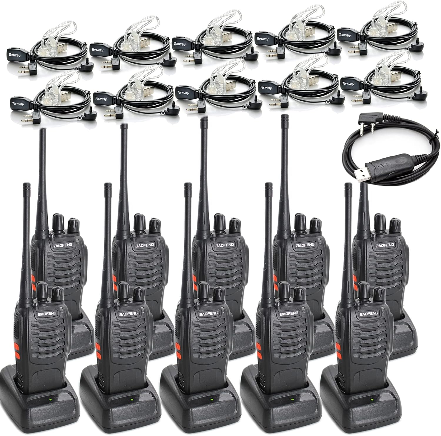 BAOFENG BF-888S Two Way Radio Long Range 16 CH Baofeng Radio and Tenway Covert Air Acoustic Tube Earpiece (Pack of 10)