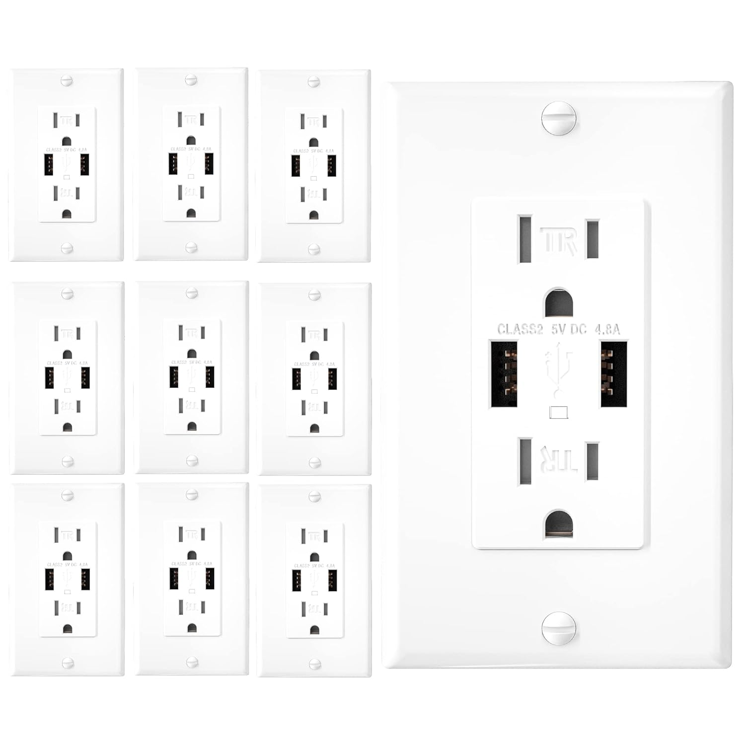 EverElectrix 4.8A High Speed USB and 15Amp Duplex Tamper Resistant Receptacle Wall Outlet Charger, UL Listed, Charging Power Outlet with Dual Type A USB Ports, Wall Plate Included, White, 4 Pack Pack of 2