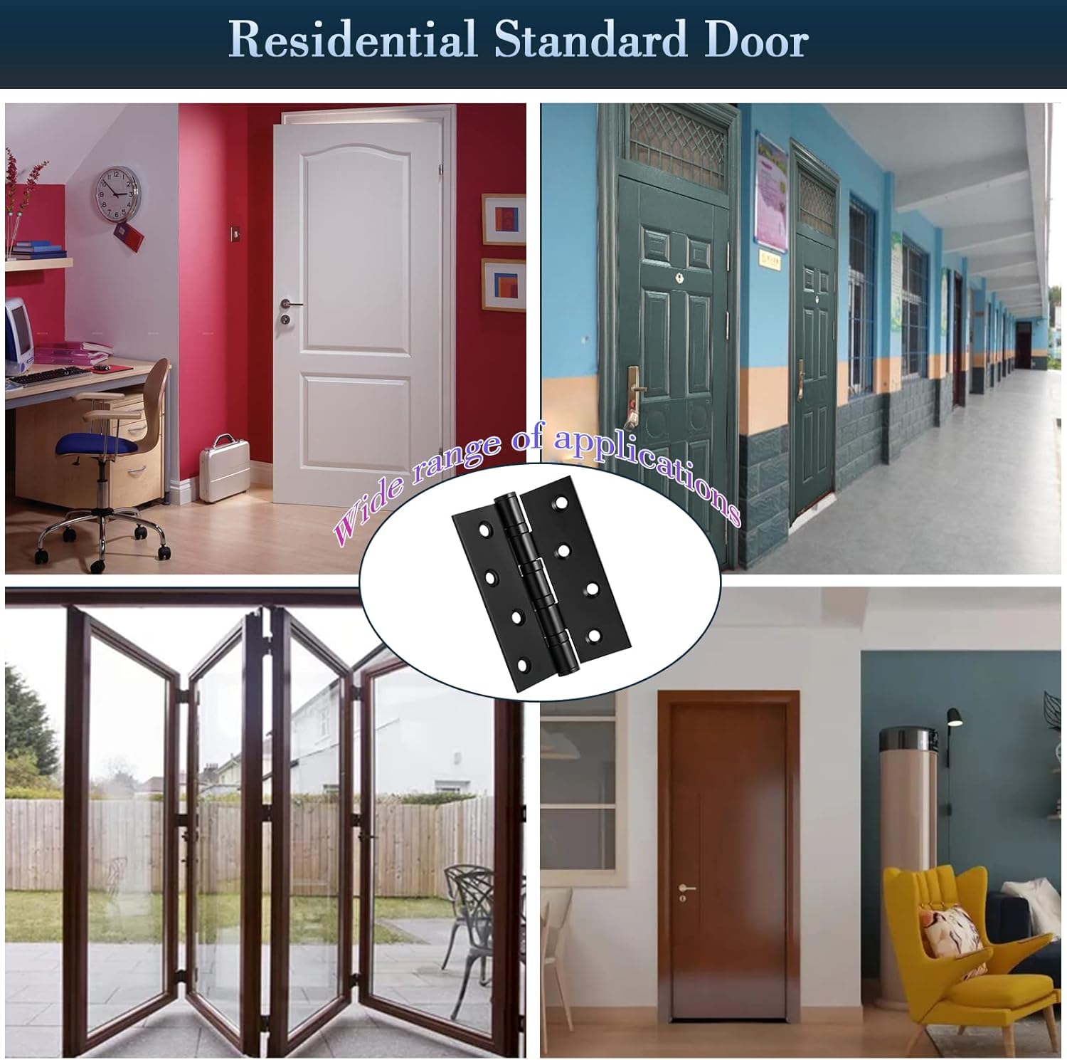 6 Pack Matte Black Door Hinges,Heavy Duty 0.1InchThicken Stainless Steel Right Angle Interior Door Hinge 4 Inch x 3 Inch with 48 Screws for Standard Family Bedroom Door (Matte Black)