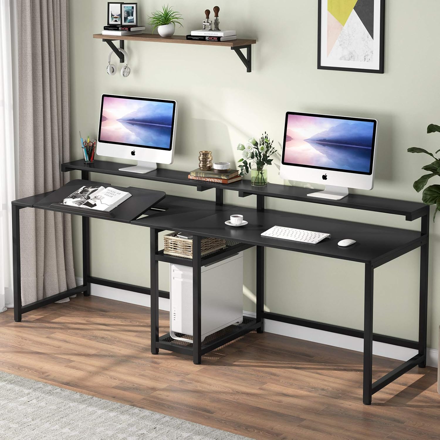 TIYASE 78.7 inch Double Computer Desk with Storage Shelves, Extra Long Two Person Desk with Hutch, Double Workstation Home Office Desk Writing Table with Tiltable Tabletop and Monitor Stand(Black)