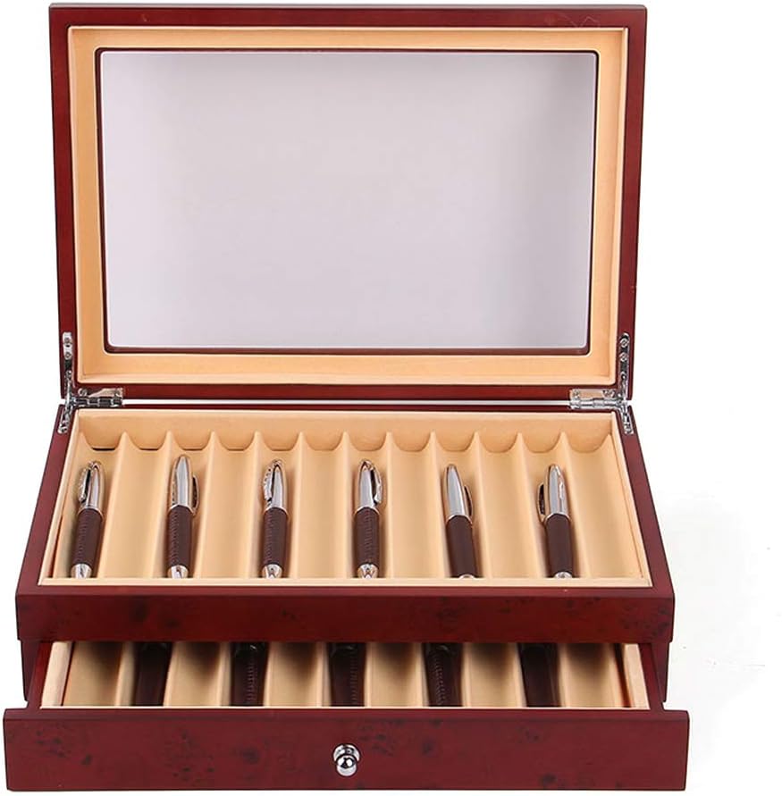 23 Piece Wood Pen Display Case Storage Box with Lod,Top Glass Window Pen Collection Orangizer Box,Red Pack of 2