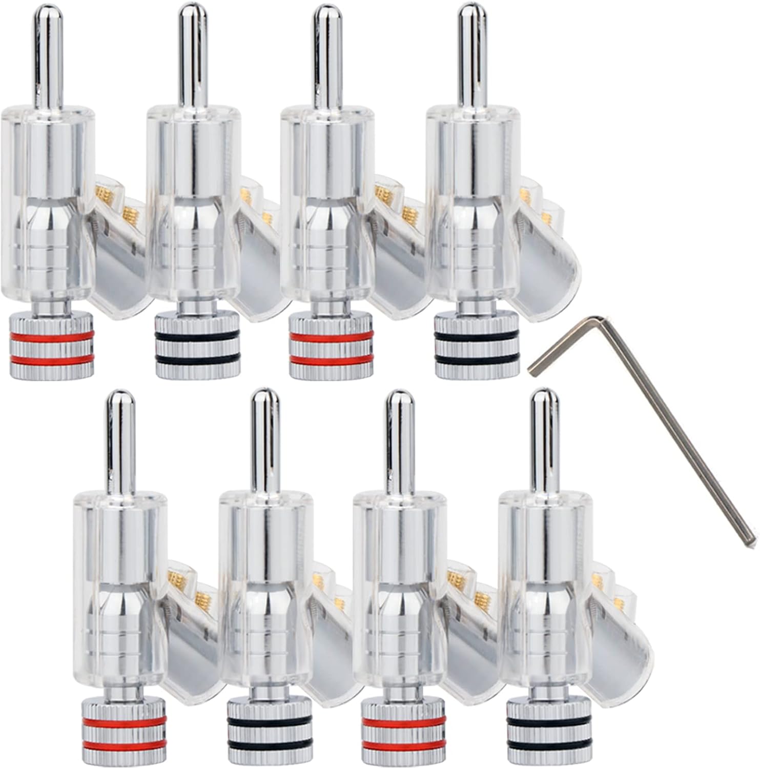 Monosaudio 8Pcs 45 Degree Locking Banana Plugs,Rhodium Plated Speaker Angled Connectors for Speaker Wire,Audio/Video Terminal Connector Jack (Rhodium Plated) Pack of 2