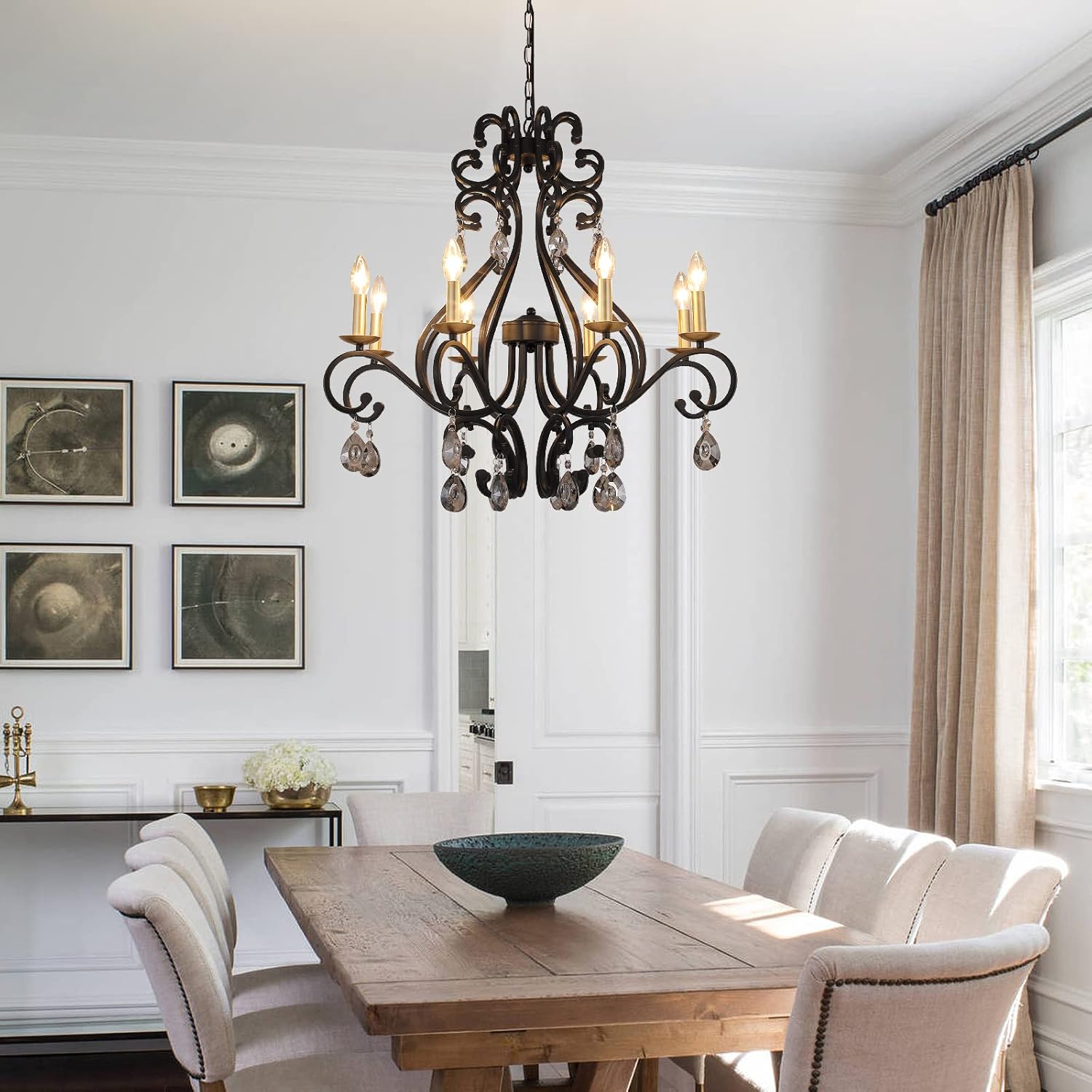 Q&S Black and Gold Antique Vintage Chandelier, 8-Light Candle Crystal Chandeliers Light Fixtures for Kitchen Dining Room Foyer Living Room,Smoky Gray Crystal