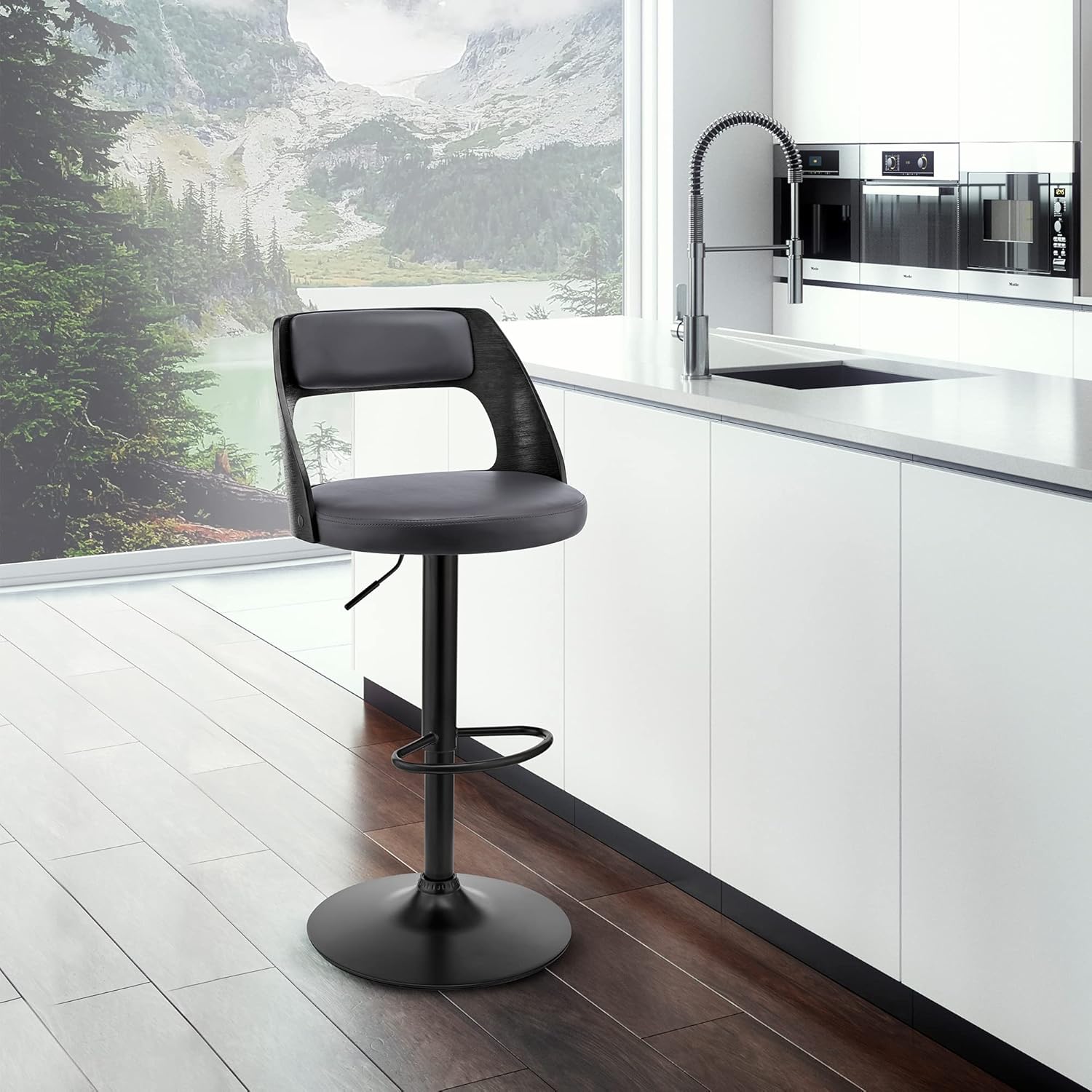 Paulo Adjustable Swivel Grey Faux Leather and Black Wood Bar Stool with Black Base