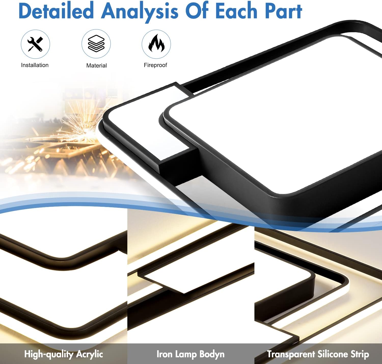 62W Dimmable LED Flush Mount Ceiling Light Fixture with Remote Control, 3000K-6500K 3-Color Chandelier Modern Lamp Black, 15.74inch Close to Ceiling Dining Room Bedroom Square Kitchen Lights