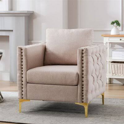 29&rdquo;W Multicolor Velvet Tufted Button Accent Chair with Steel Leg Rosdorf Park Fabric: Tan Velvet