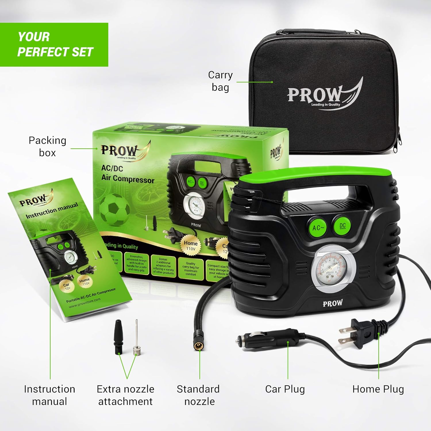 PROW Portable Air Compressor Tire Inflator AC/DC Electric Pump for Car &ndash; DC 12V, Home &ndash; AC 110V, Upscale, with Analog Pressure gauge, Air pump for Car Tires, Motorcycle, Bike, Basketball and More.