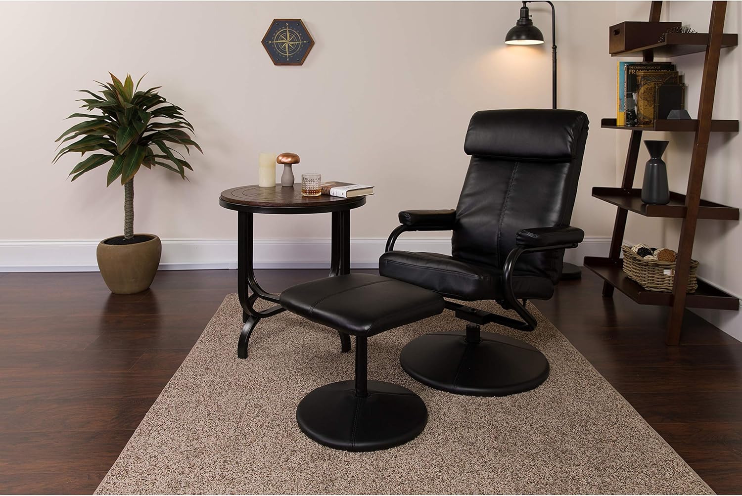 Flash Furniture Contemporary Multi-Position Headrest Recliner and Ottoman with Wrapped Base in Black LeatherSoft