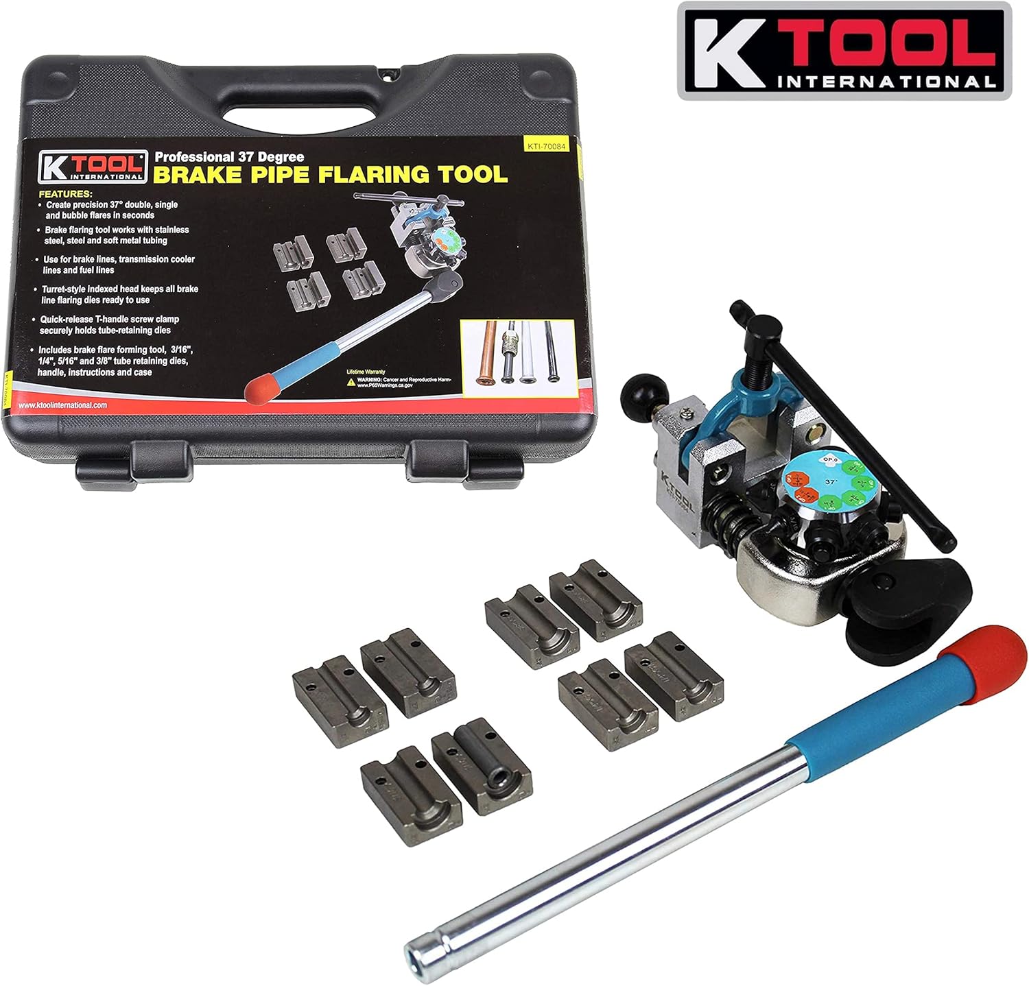 K Tool International Brake Line Flaring Tool, 37 Degree Set. Single, Double, and Bubble Flares, Vise-Mounted, T-Handle Screw Clamp, Easy to Use ; KTI70084, Black