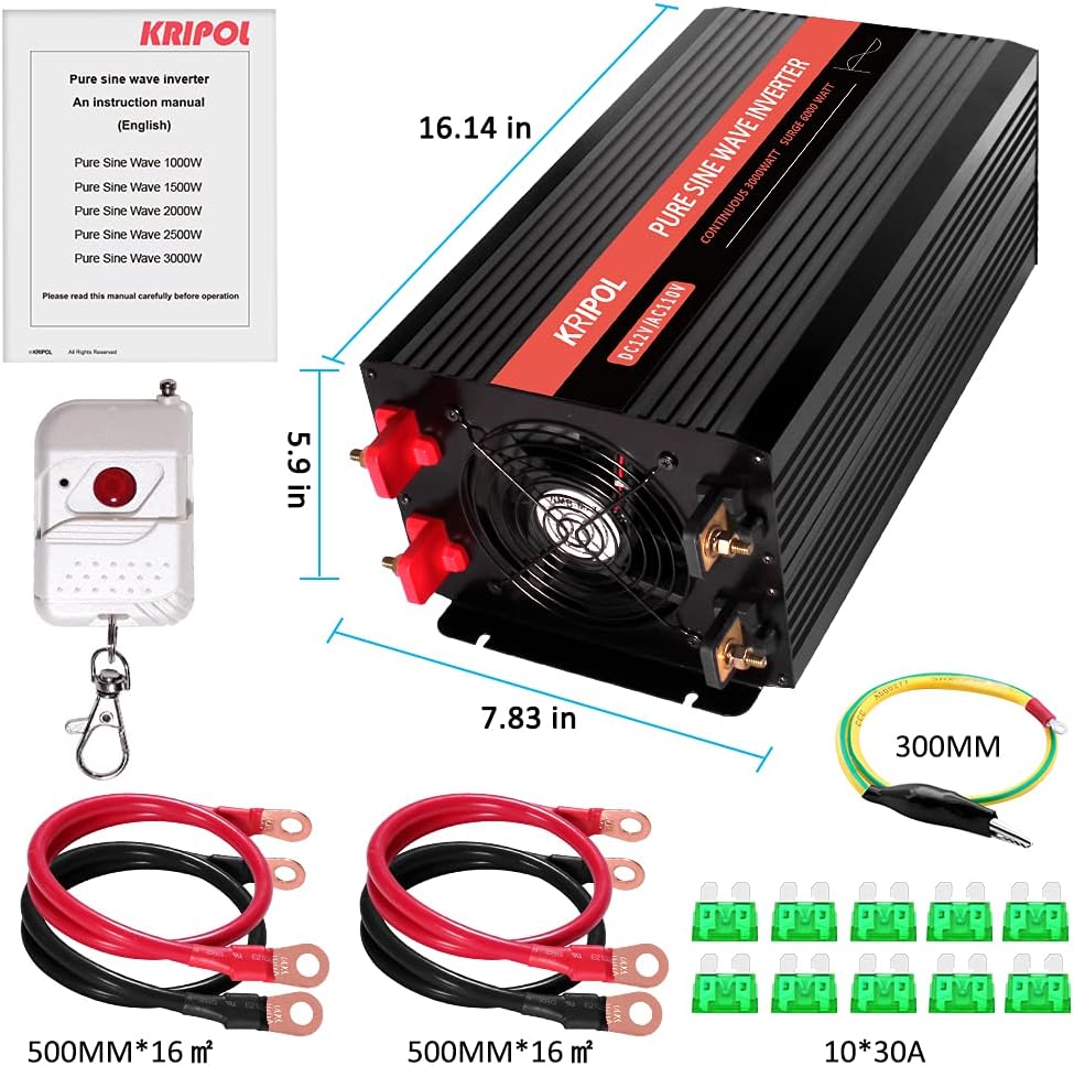 3000 Watt Pure sine Wave Inverter 12v DC to 110v/120v AC Car Power Inverter with 4 AC Outlets&USB Output, LED Display Power Converter for RV/Camping/RV/CPAP-Peak Power 6000W(3000W-12V)