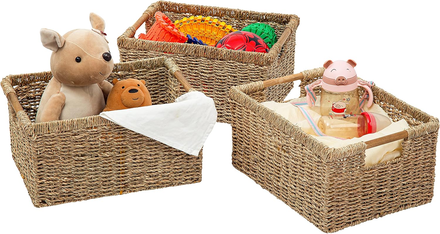 VATIMA Large Wicker Basket Rectangular with Wooden Handles for Shelves, Seagrass Basket Storage, Natural Baskets for Organizing, Wicker Baskets for Storage - 3 Pack Large