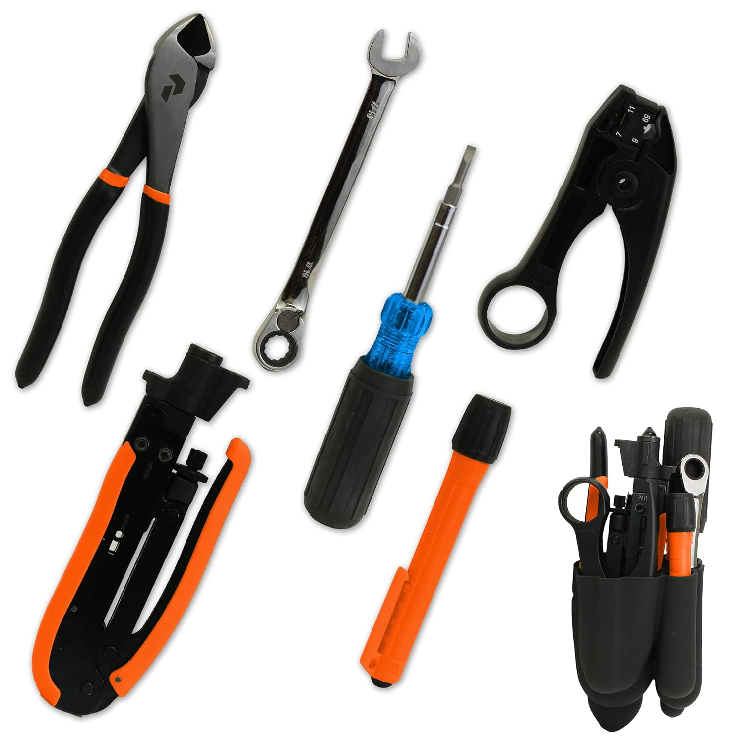 Paladin Tools Coax Tool Kit - Includes Coax Crimper, Cable Stripper, Flashlight, 6-in-1 Multi-Tool, Pliers, Wrench, Grip Pack