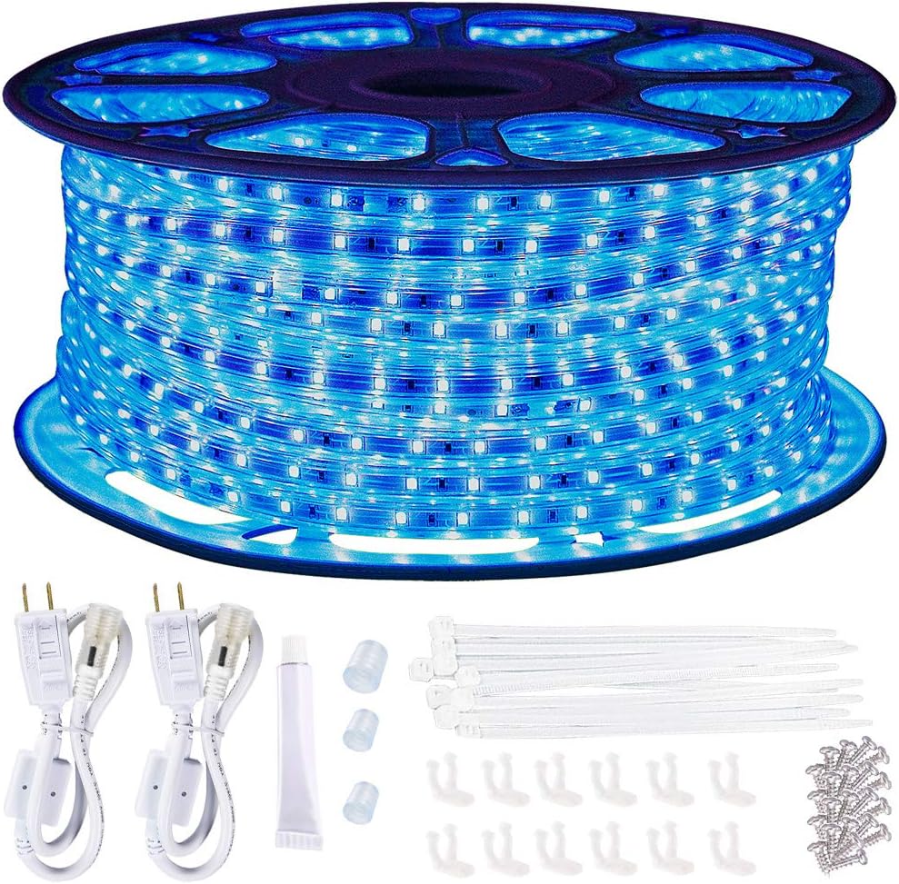 SURNIE 150ft LED Rope Lights Outdoor Waterproof - 110V Daylight White Dimmable Flat Strip Light 6500K Cuttable Connectable for Stairs ,Deck,Backyards ,Commercial Use Indoor Outdoor Rope Lighting