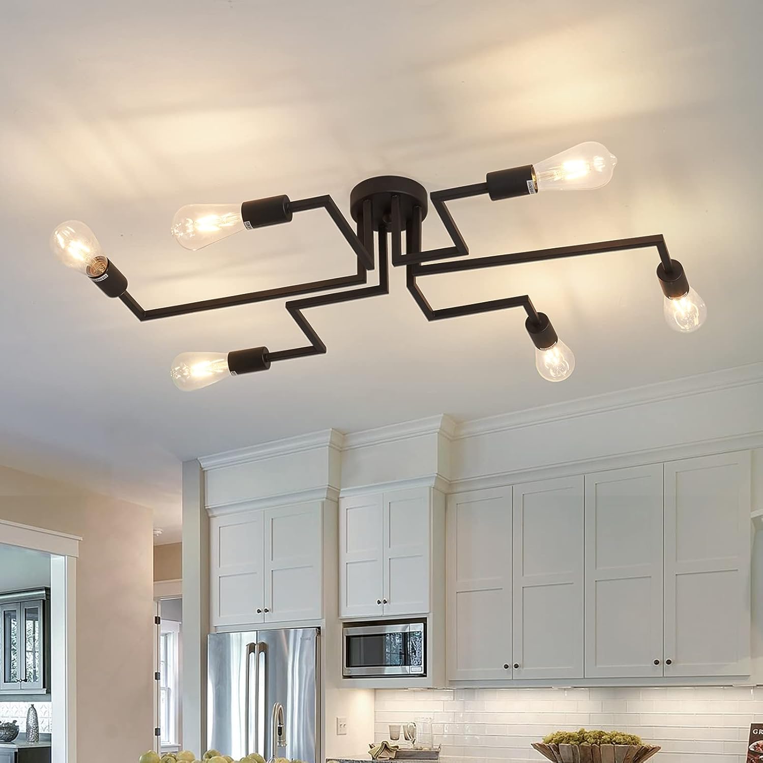 Black 8-Light Ceiling Light , Modern Semi Flush Mount Ceiling Light Fixture,Metal Chandelier for Farmhouse Dining Room Living Room Bedroom Kitchen.