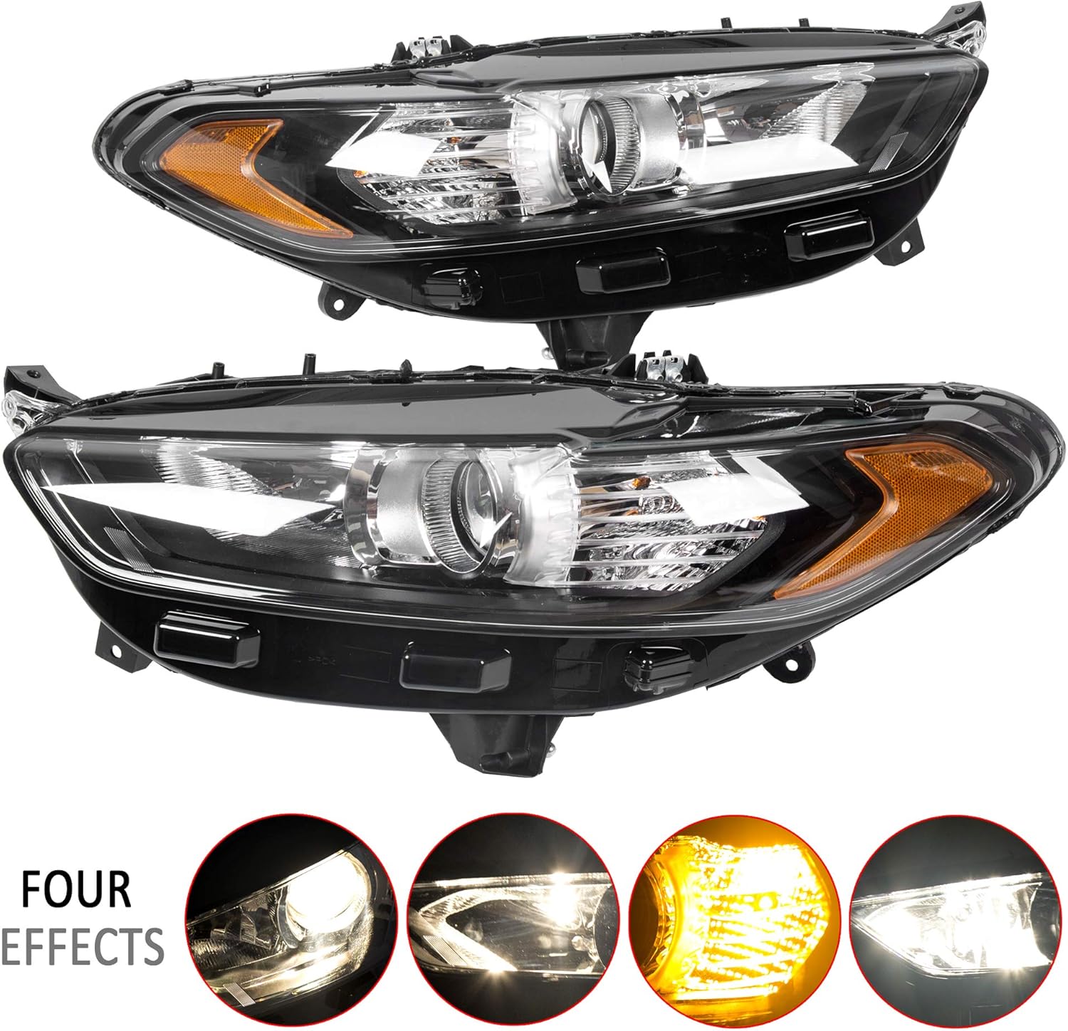 ECOTRIC Pair Headlights Lights Lamps Compatible with 2013-2016 Ford Fusion [Halogen Models] Driver Passenger Black Bezel