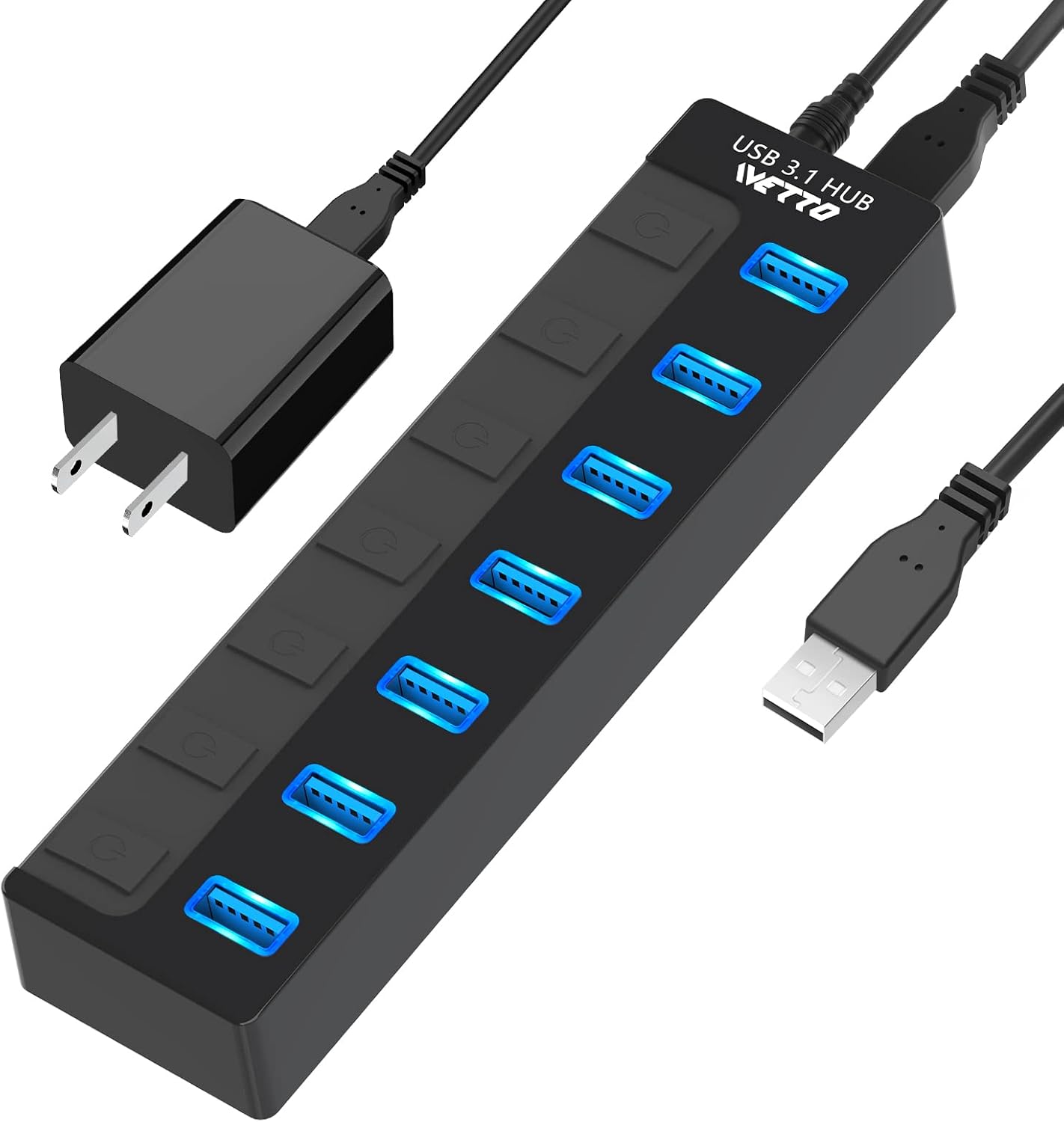 Powered USB Hub,7 Charging Port USB 3.1 Gen 2 Hub with 5V/2A Power Supply and Individual Switches,USB Splitter for PC and Laptop Pack of 2