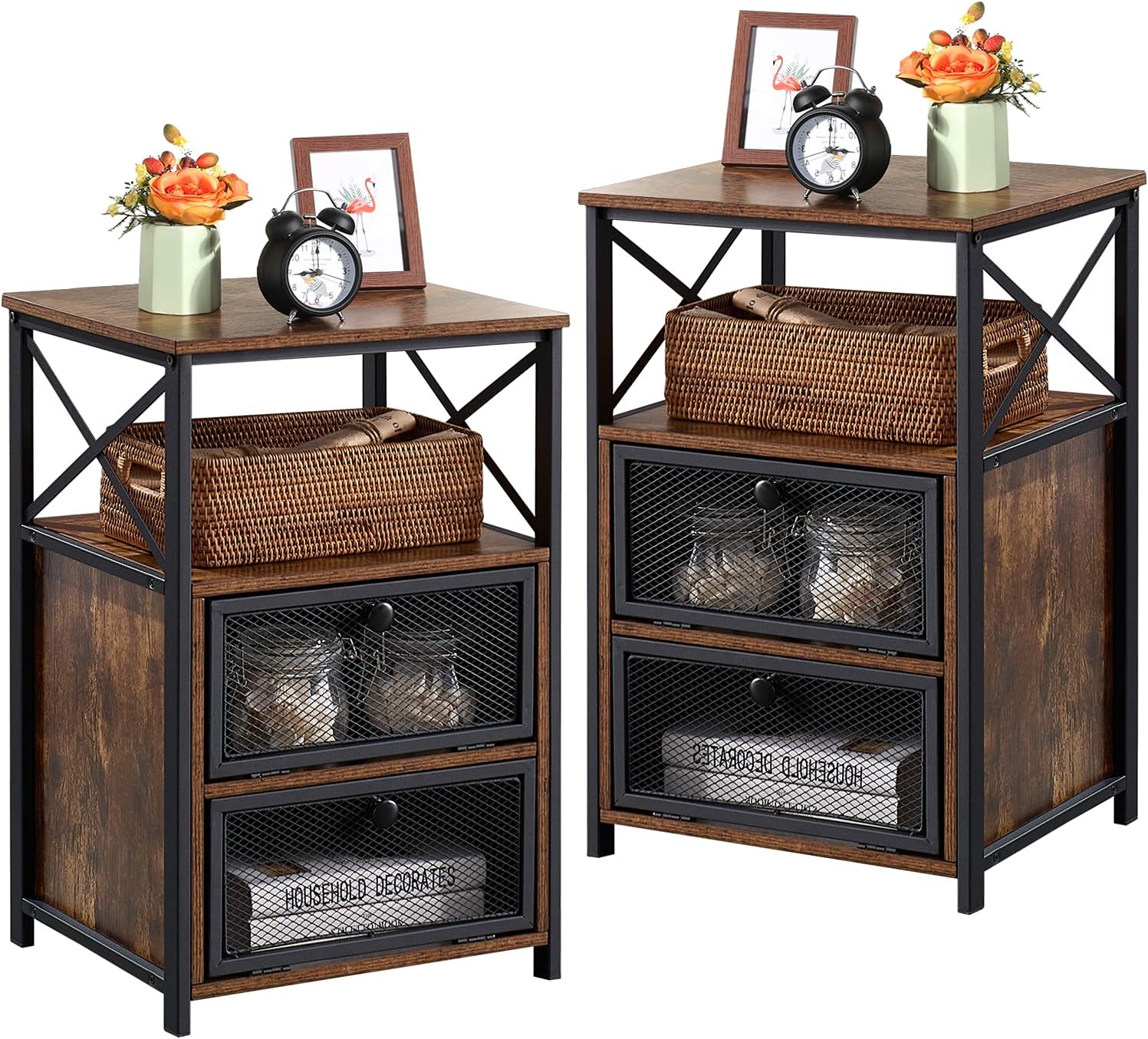 VECELO Modern Night Stand, End Side Table with Storage Space and Door, Nightstands with Flip Drawers for Living Room,Bedroom,Lounge,Set of 2, Rustic Brown