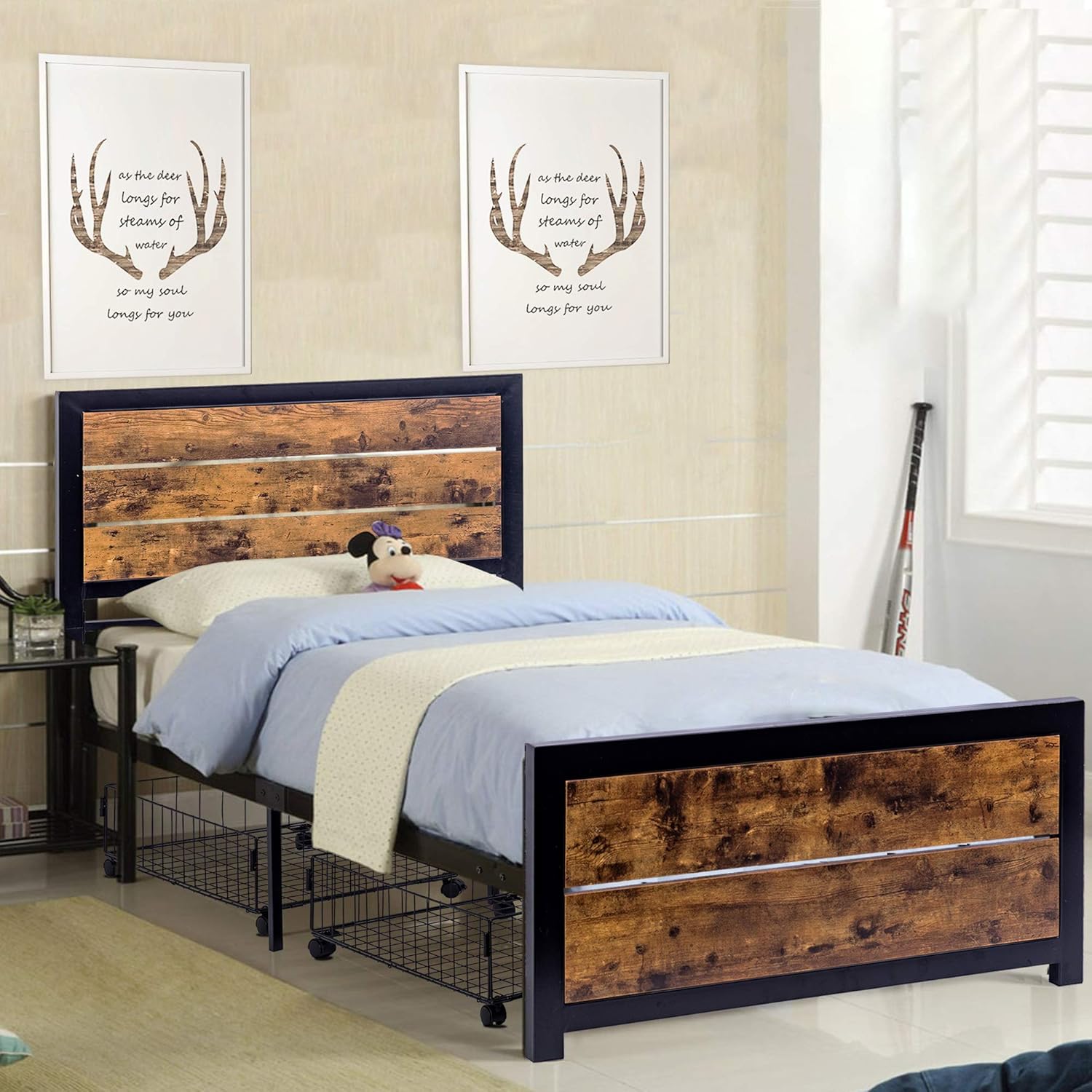 WAYTRIM Twin Bed Frame, Metal Bed Frame Twin Size with Headboard and Footboard Mattress Foundation Strong Slat Support, with Rolling Black Wire Underbed Cart - Antique Brown