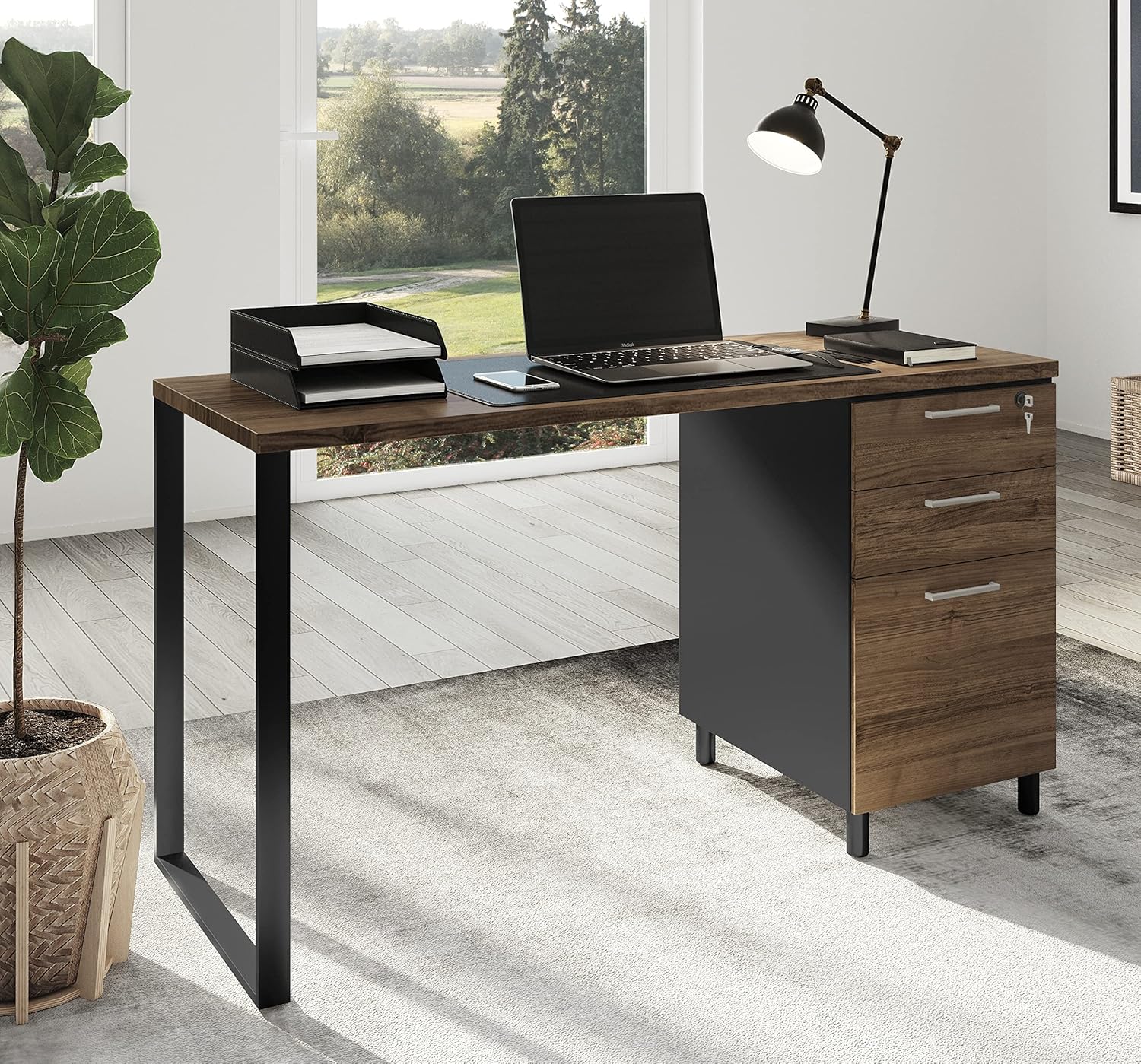 Milano 47 Inch Home & Office Computer Desk with 3 Detachable Locked Drawers - Cass Walnut/Black