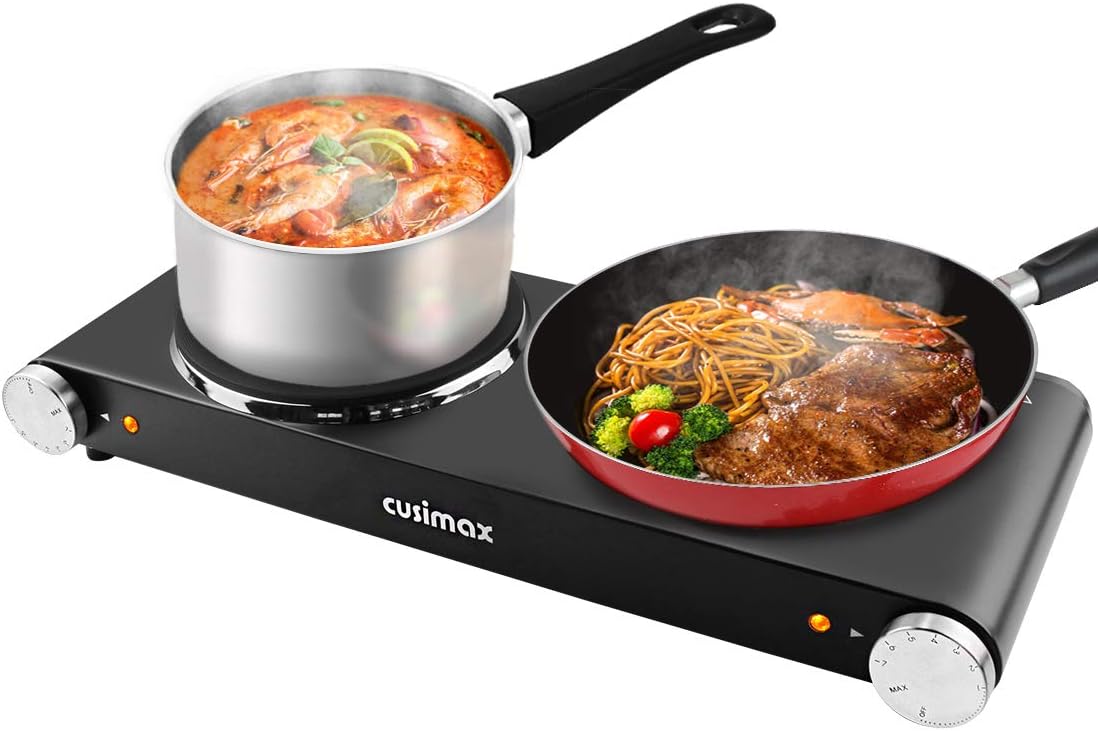 Hot Plate, CUSIMAX Double Burner Electric Cooktop, Hot Plate Cooking Double Hot Plate, Stove Electric Cast Iron Countertop Burner, 1800W Silver Stainless Steel Electric Burners, Easy to Clean Pack of 2