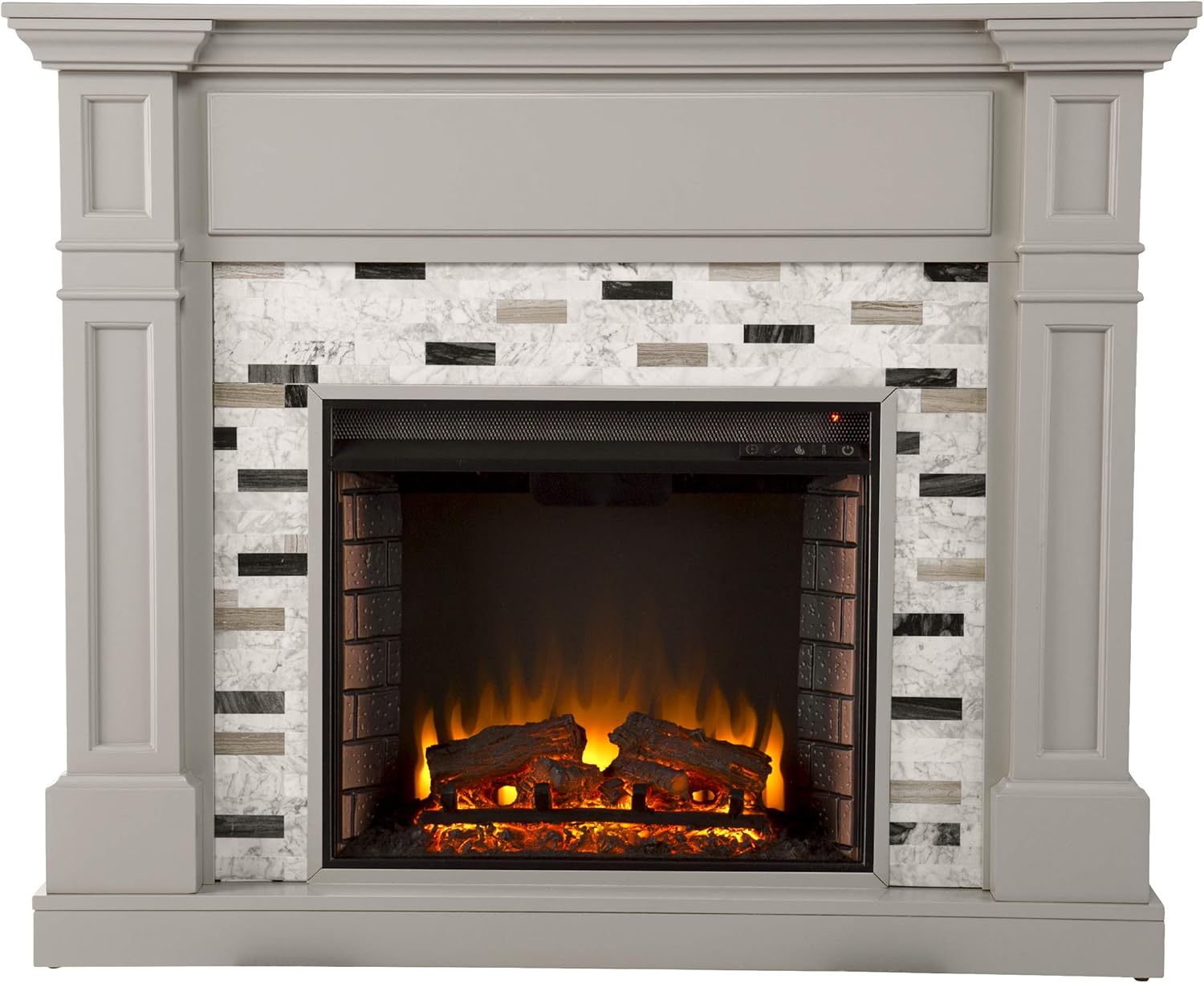 Birkover Electric Fireplace w/ Marble Surround, Gray/ Black/ White