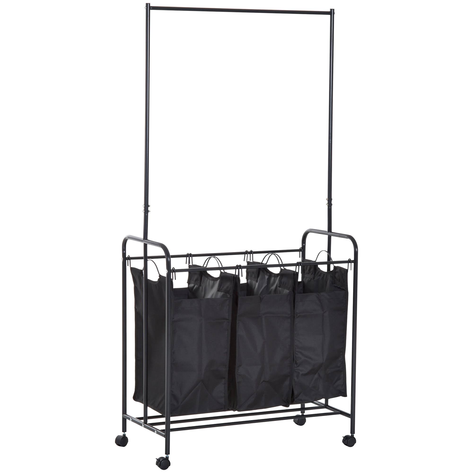 HOMCOM 3 Bag Heavy Duty Divided Laundry Hamper Sorter Cart with Wheels and Hanging Bar - Black