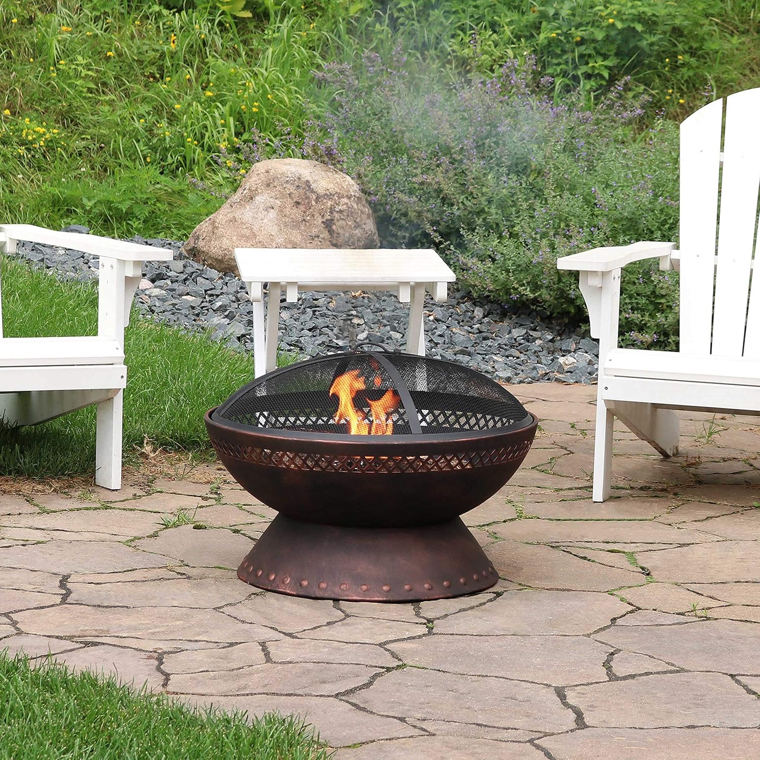 Sunnydaze 25-Inch Diameter Chalice Steel Outdoor Wood Burning Fire Pit with Spark Screen and Poker - Outside Metal Backyard Bonfire Patio Fire Bowl Kit with Copper Finish