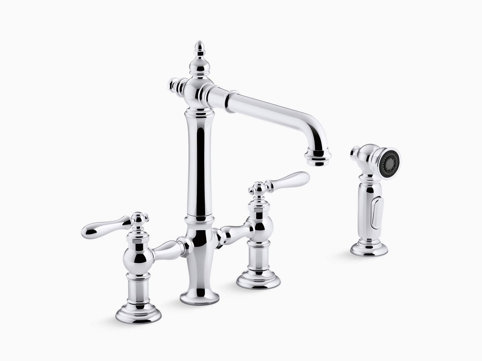 Kohler 76519-4-CP Artifacts Deck-Mount Bridge Kitchen Sink Faucet with Lever Handles and Sidespray - Polished Chrome
