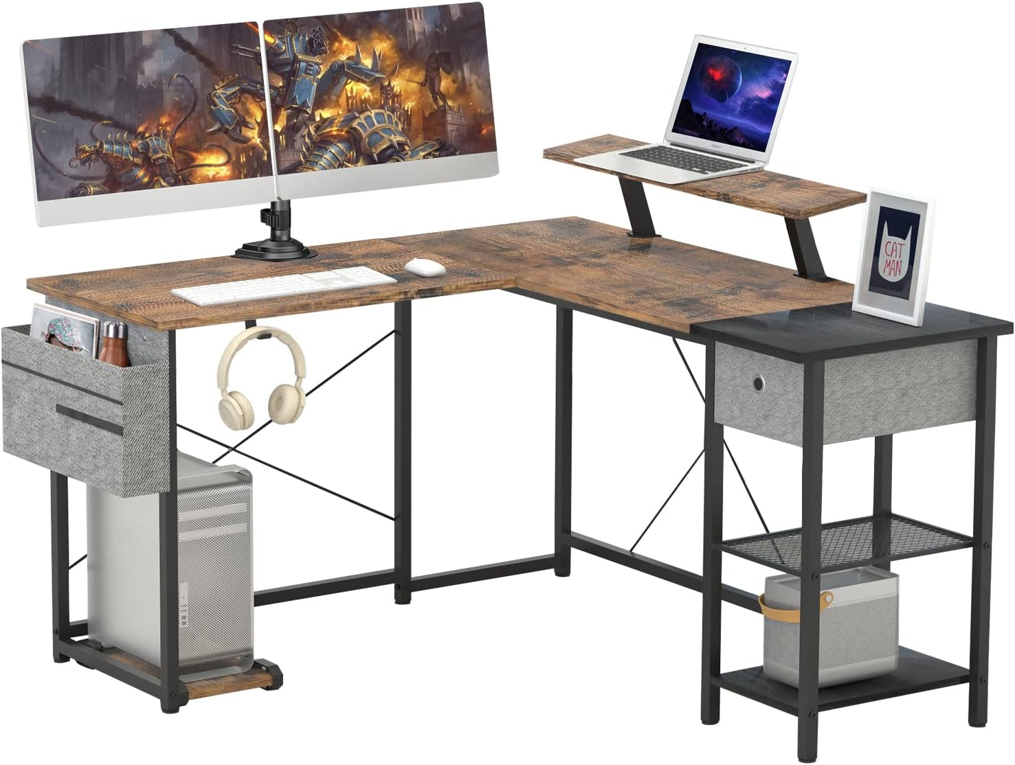 SUAYLLA L Shaped Desk, Multifunctional Computer Gaming Desk with Storage and Desktop Hook, L Shape Corner Reversible Industrial Table with Shelves Home Office Study Writing Workstation, Black