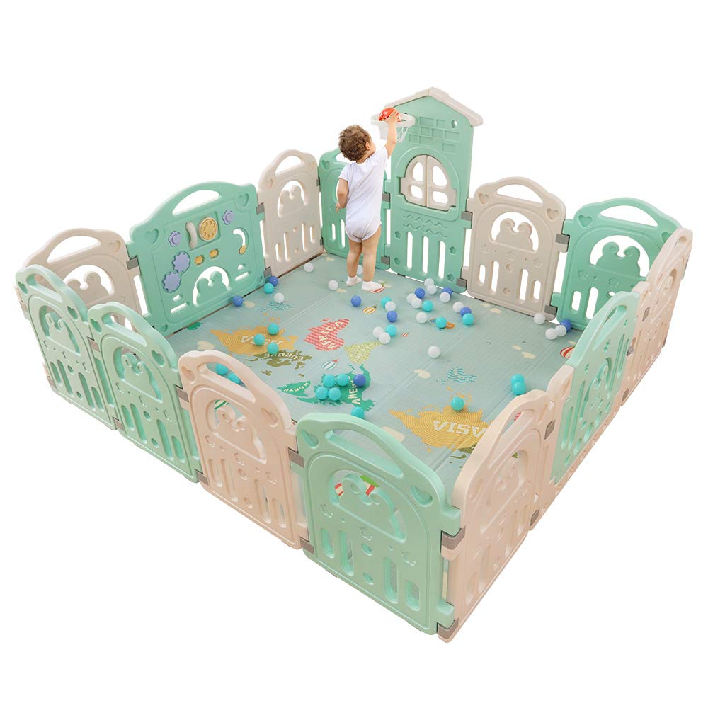 Yoleo Baby Playpen Extra Large Play Yard for Toddlers Kids Fences with Basketball Hoop More Spacious Taller Playroom Area Indoor/ Outdoor (Green, 14 Widened Panels)