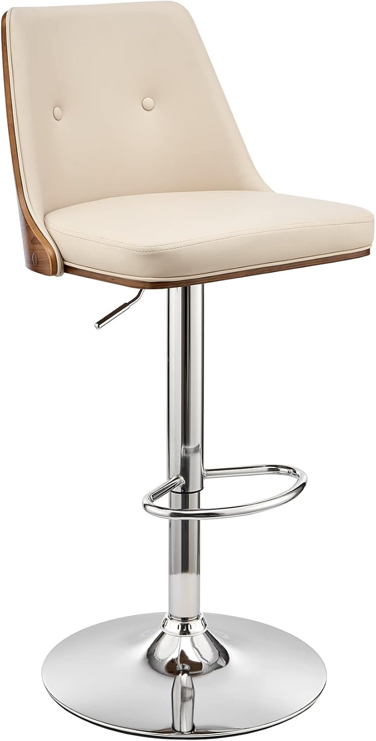 Jacob Adjustable and Swivel Cream Faux Leather and Walnut Wood Bar Stool with Chrome Base