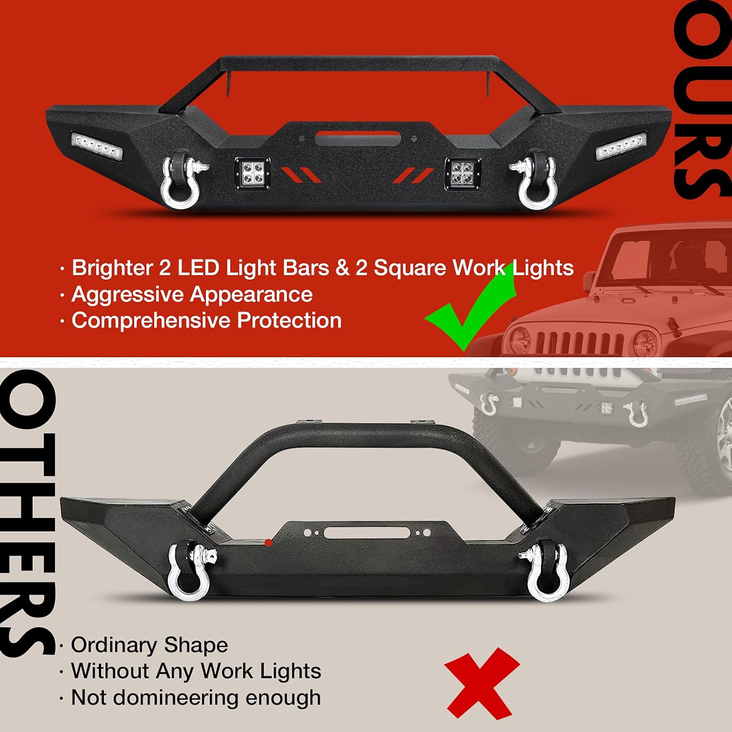 DING.PAI Wrangler JK Front Bumper, 2 LED Work Light Pods & 2 Light Bars & 2 D-rings & Winch Plate, Full Width Off Road Bumper Accessories, Black Heavy Duty Front Bumper for 2007-2018 Wrangler JK JKU