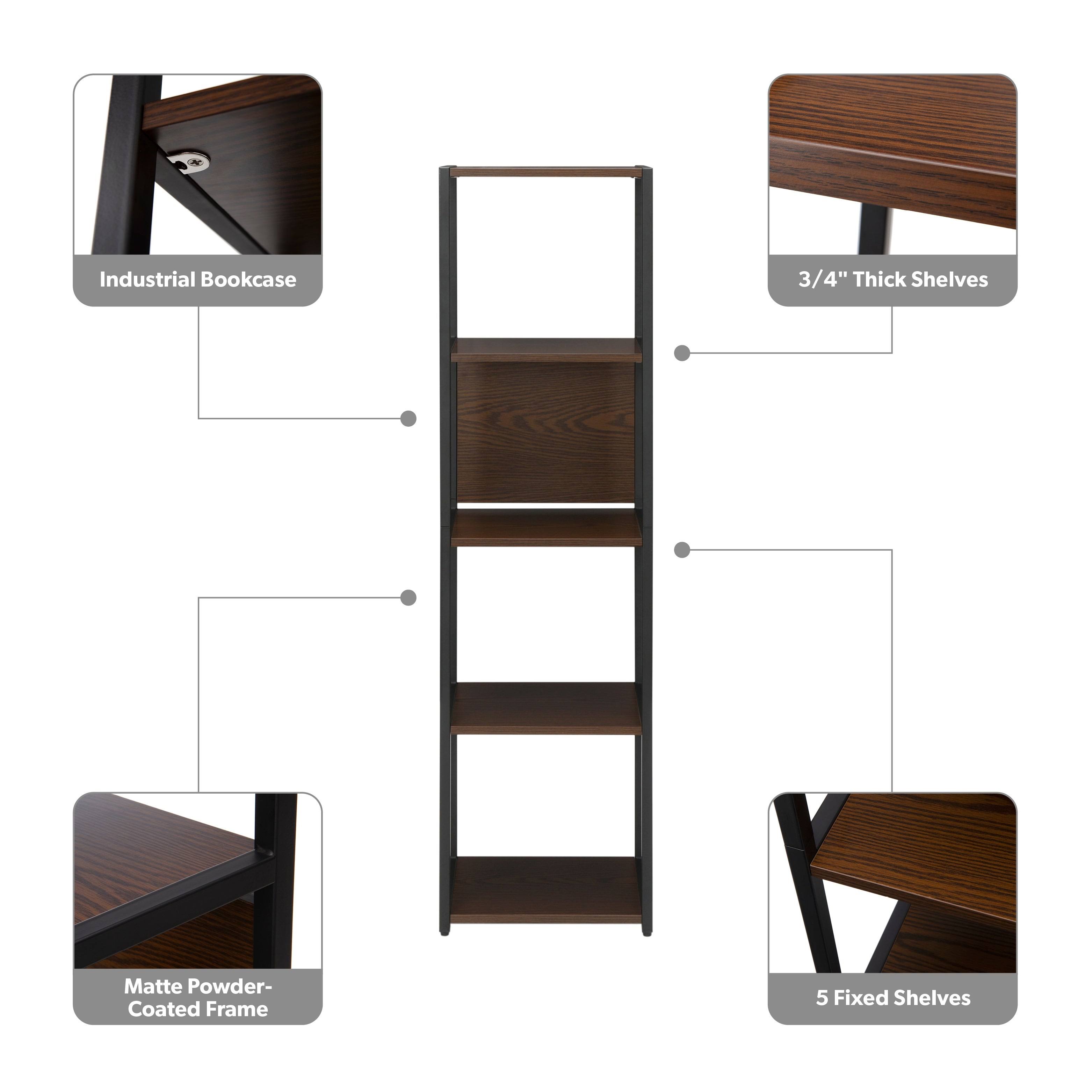 Ofm Essentials Collection 5 Shelf Slim Industrial Bookcase, in Black/Walnut (ess-4040-blk-wnt)