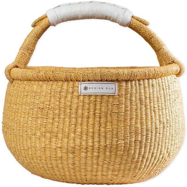 Fall Natural Basket | Handwoven Bolga Natural Market Basket | Halloween Market Basket | Reusable Grass Shopping Basket | Bolga Grass Fruit Basket (White) Pack of 2