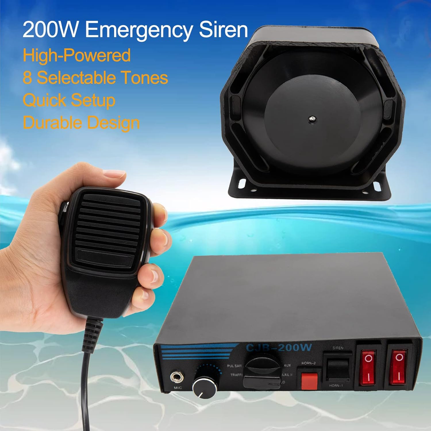 Pa Siren System Unit with PA Speaker MIC System Vehicle Siren Box, 200W Siren Bundle 8 Tones Emergency Warning Siren Fit for Police, Ambulance, Fire Fighting and Engineer Vehicle Siren Pack of 2